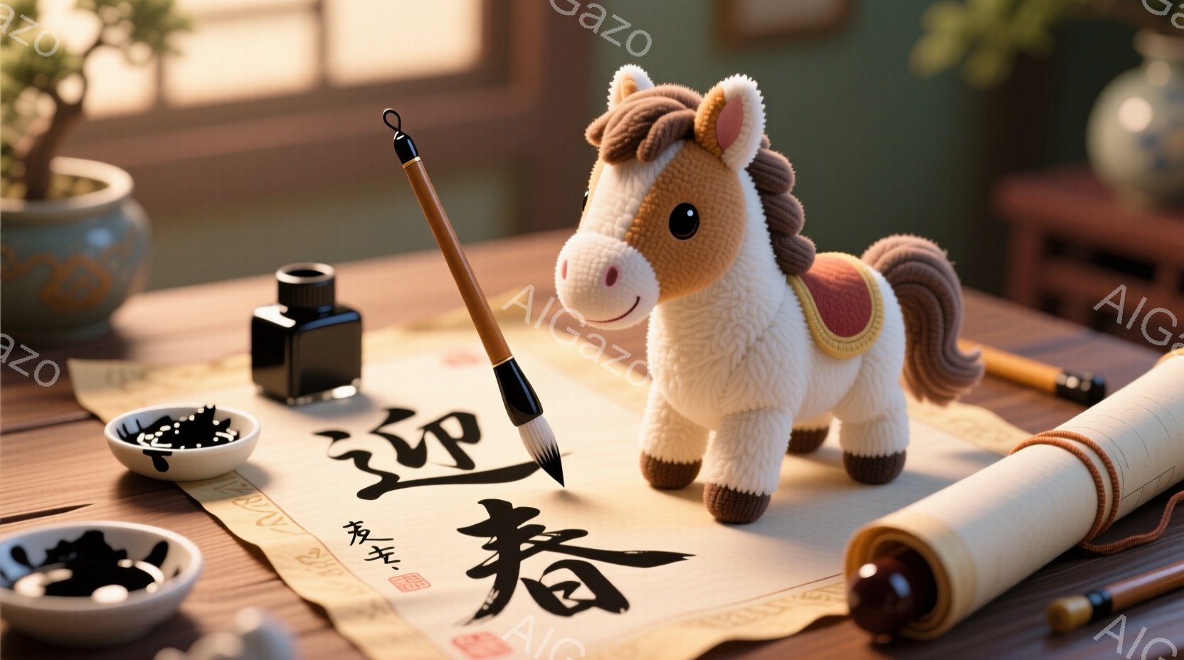 茶色の木製のテーブルの上に、毛筆、墨、そして「春」と書かれた巻物が置かれています。白い馬のぬいぐるみが立っており、可愛らしい表情をしています。背景には盆栽や陶器が見え、落ち着いた静謐な雰囲気が漂っています。
