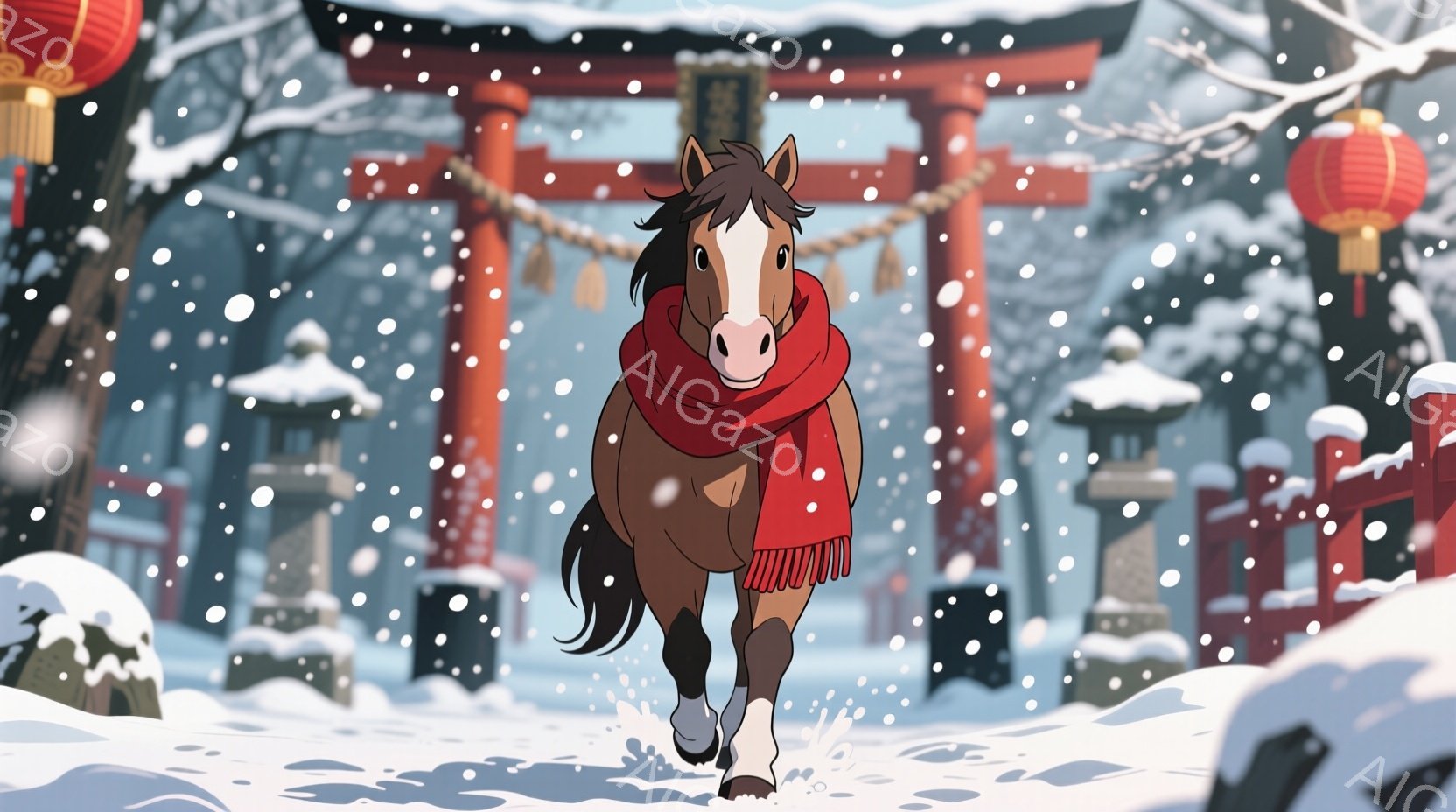 雪が降り積もる中、茶色の馬が赤いスカーフを巻いて駆けている。背景には鮮やかな朱色の鳥居が立ち並び、雪化粧した木々が冬の風景を彩っている。全体的に、温かく、お祝いの雰囲気で、馬の動きが活気に満ちている。 - AI生成フリー素材