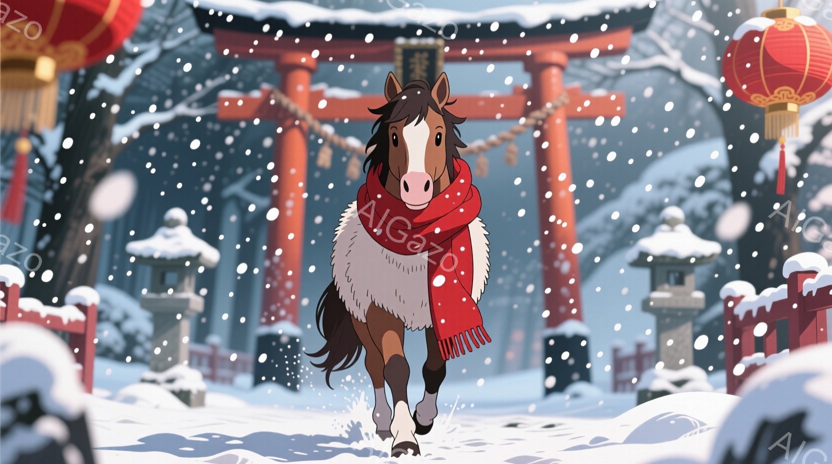 白い体毛に茶色の斑点のある馬が雪景色の中を駆けている。赤いマフラーを巻き、日本の伝統的な鳥居や雪をかぶった石灯籠が背景に見える冬の風景だ。雪が舞い散り、静かで温かい雰囲気が感じられる。 - AI生成フリー素材