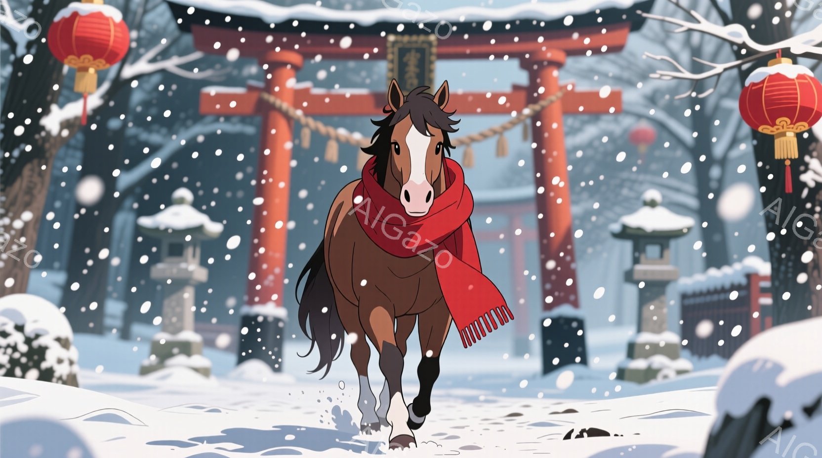 雪が降り積もる中、茶色の馬が元気に駆け抜けています。馬は赤いマフラーを巻いており、雪景色の中に暖かさを添えています。背景には雪で覆われた鳥居や石灯籠が見え、冬の日本の風景を思わせる静かで美しい雰囲気が漂っています。