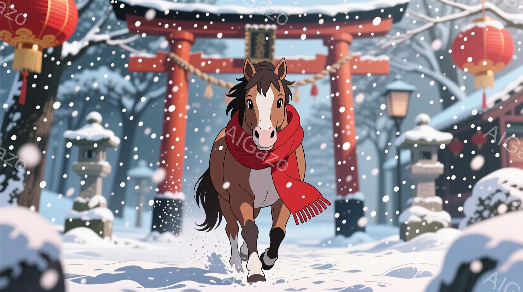 茶色の馬が雪景色の中を走り去っています。赤いスカーフを首に巻き、雪煙を上げながら、鮮やかな朱色の鳥居が並ぶ雪道を進んでいます。背景には雪をかぶった木々と、日本の伝統的な提灯や雪灯籠が並び、冬の暖かく穏 - AI生成フリー素材