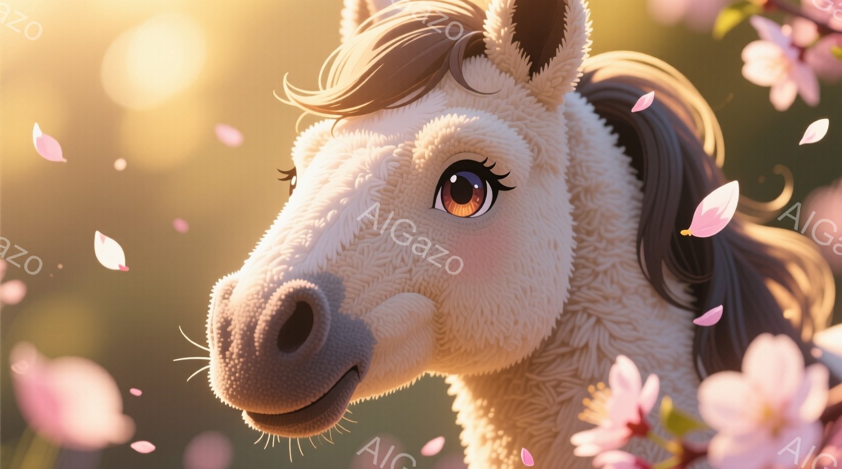 白い馬が桜の花びらが舞う春の風景の中にいます。馬は優しい表情で、大きな茶色の瞳が印象的です。背景にはぼやけた桜の花が咲き誇り、暖かく穏やかな雰囲気を醸し出しています。 - AI生成フリー素材