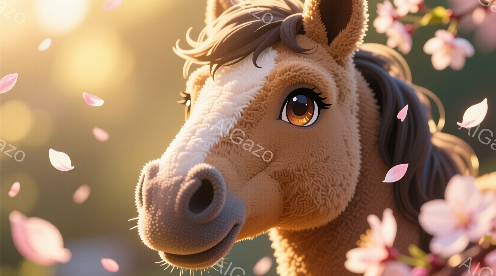 暖色系の毛並みが特徴的な馬の顔のクローズアップです。優しい表情で、大きな茶色の瞳が印象的です。背景には桜の花びらが舞い、春の暖かく穏やかな雰囲気を醸し出しています。