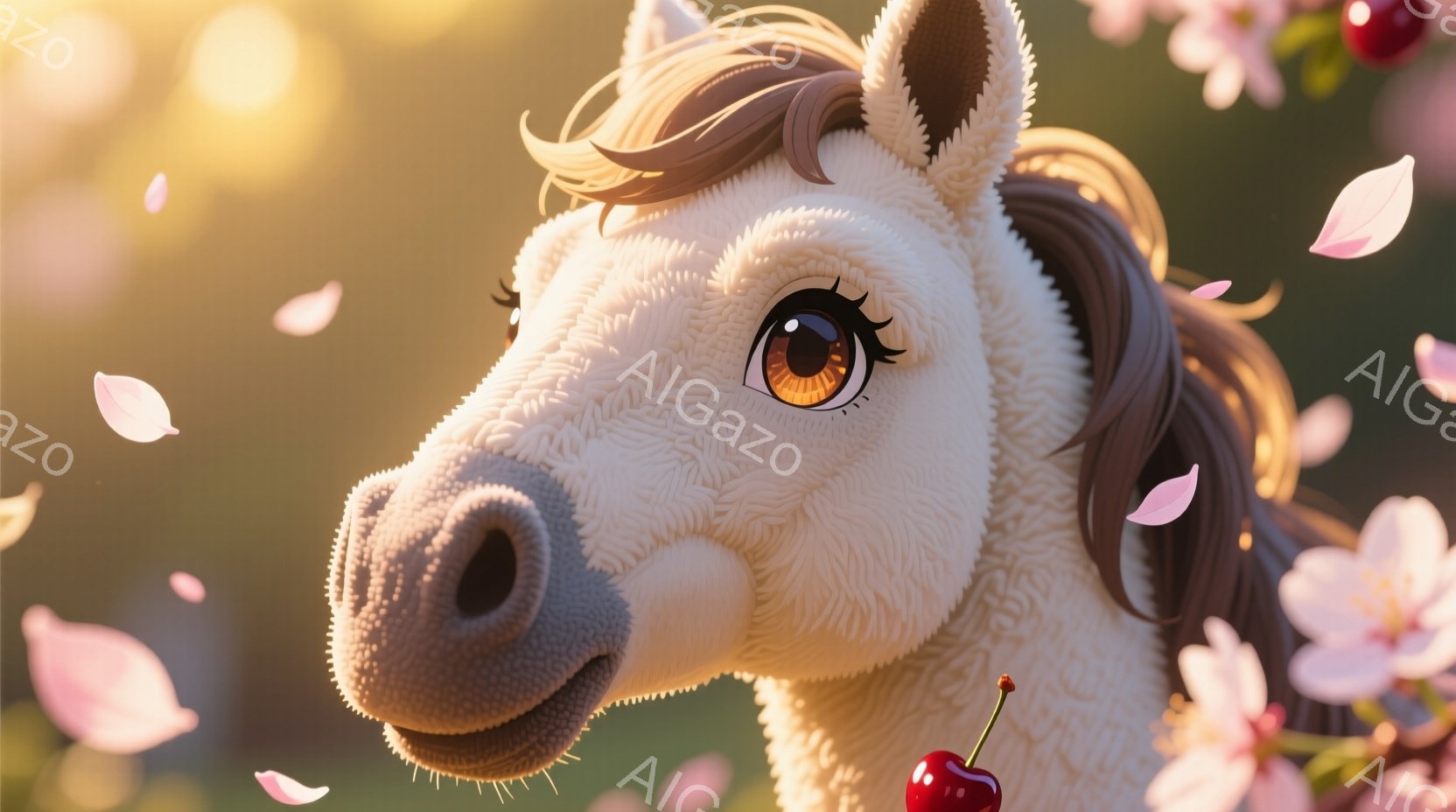 白い馬の顔がクローズアップされており、大きな茶色の目と長い毛並みが特徴的です。背景には、桜の花びらが舞い、明るい日差しが差し込み、春の穏やかな雰囲気を醸し出しています。馬の周りには、赤く熟したサクランボが点在しており、可愛らしい印象を与えます。