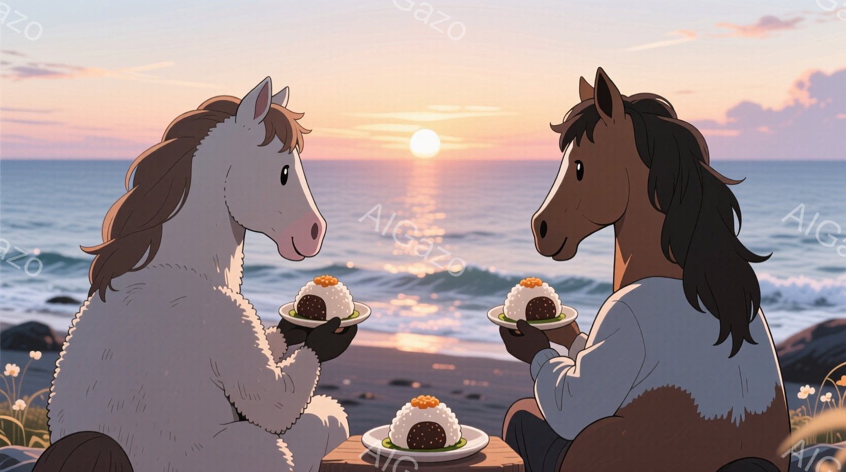 白い毛並みの馬と栗色の馬が、海岸のテーブルを挟んで向かい合って座っており、それぞれおにぎりを手に持っています。夕暮れ時の海辺で、穏やかで温かい雰囲気が漂い、背景には夕焼け空と打ち寄せる波が見えます。二 - AI生成フリー素材