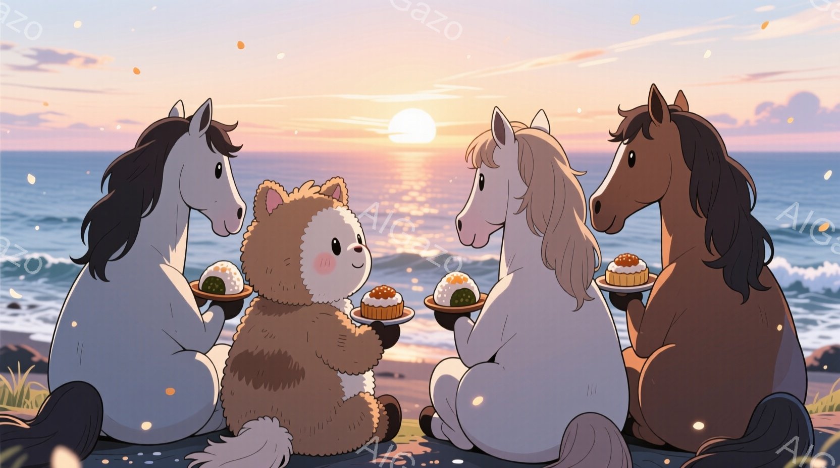 白、栗毛、そして茶色の三頭の馬と、ふわふわした茶色の動物が砂浜に座り、それぞれお皿に盛られた食べ物を手にしています。背景には穏やかな海が広がり、夕焼け空が暖かく、周囲には短い草が生えています。全体的に、穏やかで平和な、食を楽しむ温かい雰囲気が漂っています。