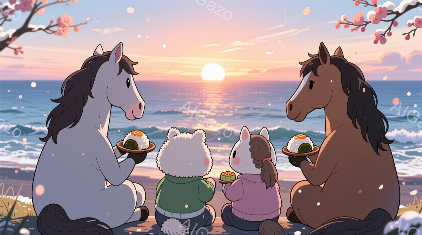 白い馬と栗色の馬が、それぞれお盆の上に団子を乗せて座っています。その前に、緑色のセーターを着たウサギのキャラクターが正座しており、全員が海を眺めています。背景には穏やかな海と夕焼け空が広がり、全体的に - AI生成フリー素材
