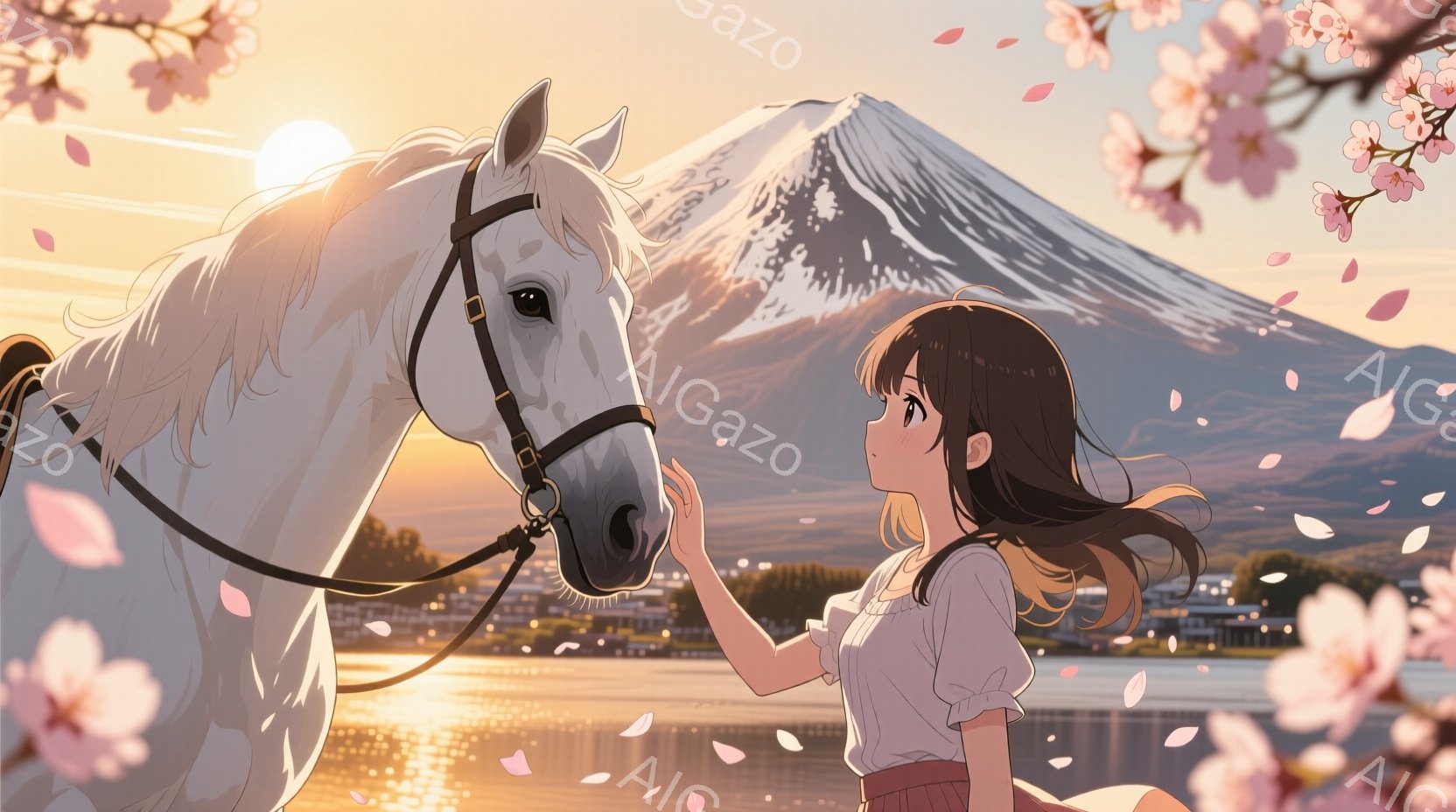 少女は、ピンク色のスカートと白いブラウスを着て、長い茶色の髪をなびかせながら白い馬に優しく触れています。背景には、夕焼けに照らされた富士山と穏やかな湖が広がり、桜の花びらが舞い散る幻想的な風景が広がっ - AI生成フリー素材