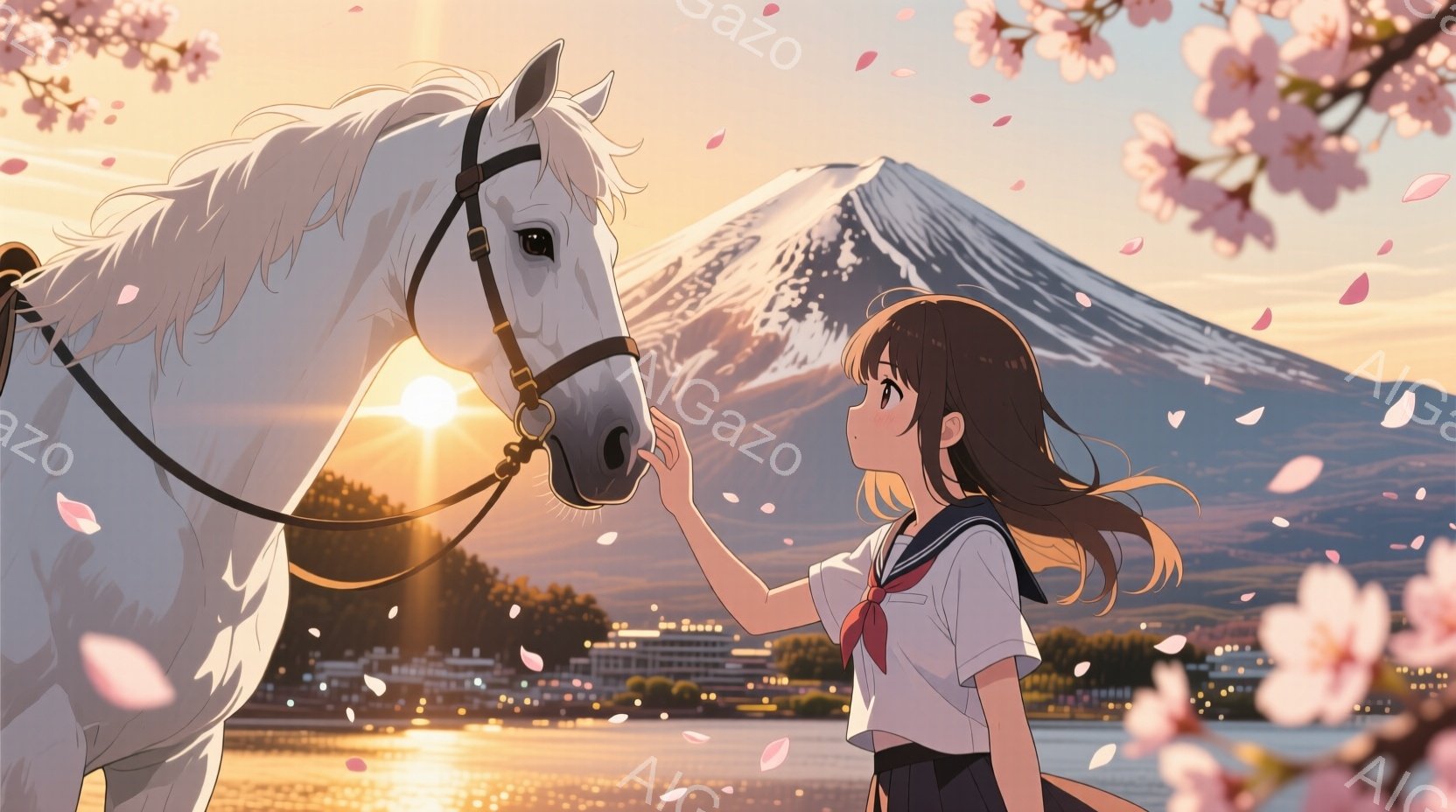 茶髪の少女が白い馬の鼻先を優しく撫でています。彼女はセーラー服を着ており、背景には富士山と夕焼け、そして桜の花びらが舞っています。暖かく、穏やかで、どこか懐かしい雰囲気の情景です。 - AI生成フリー素材