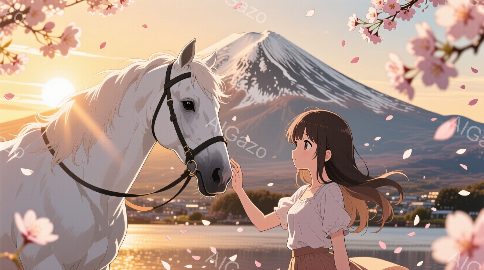 長い茶色の髪をなびかせた少女が、白い馬の鼻先を優しく撫でている。彼女は白のブラウスと茶色のスカートを身に着け、穏やかな表情で馬と心を通わせているようだ。背景には富士山がそびえ立ち、夕焼け空と桜の花びら - AI生成フリー素材