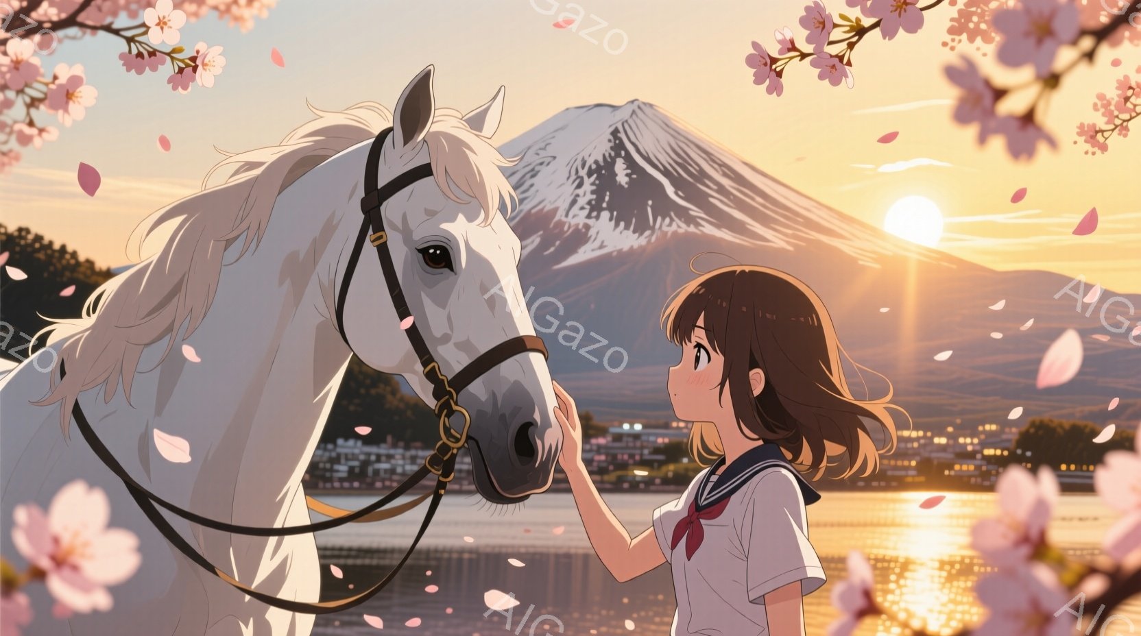 少女はセーラー服を着て、桜の花びらが舞う中で白い馬にそっと触れています。富士山が背景にそびえ立ち、夕焼けの光が湖面に反射して、温かく穏やかな雰囲気を醸し出しています。馬は穏やかな表情で、少女との触れ合いを楽しんでいるようです。