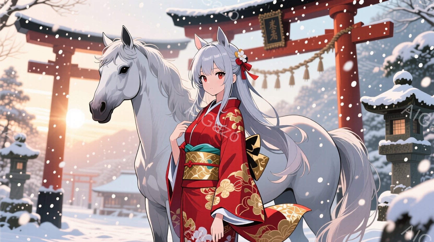 白い馬に乗った少女が描かれています。彼女は鮮やかな赤色の着物を身につけ、金色の刺繍が施された帯で結ばれています。背景には雪景色の中の赤い鳥居と伝統的な日本の建物があり、雪が舞い散る冬の穏やかな雰囲気が表現されています。