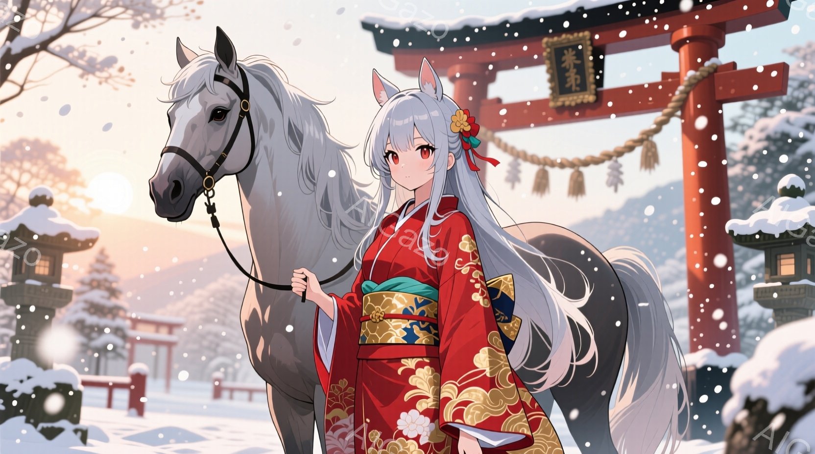 白い髪を長く伸ばした少女が、鮮やかな赤い着物を身につけ、金の刺繍が美しい帯を締めています。彼女は白い馬の隣に立ち、穏やかな表情でどこかを見つめており、背景には雪景色の中に鳥居と石灯籠が並んでいます。全 - AI生成フリー素材