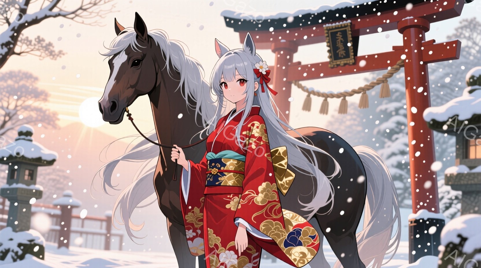 白い髪の女性が、鮮やかな赤色の着物を着て、黒い馬の隣に立っています。彼女は穏やかな表情で、片手に馬の缰繩（たづな）を持っています。背景には雪景色の中に鳥居が見え、全体的に優雅で静謐な冬の雰囲気が漂っています。