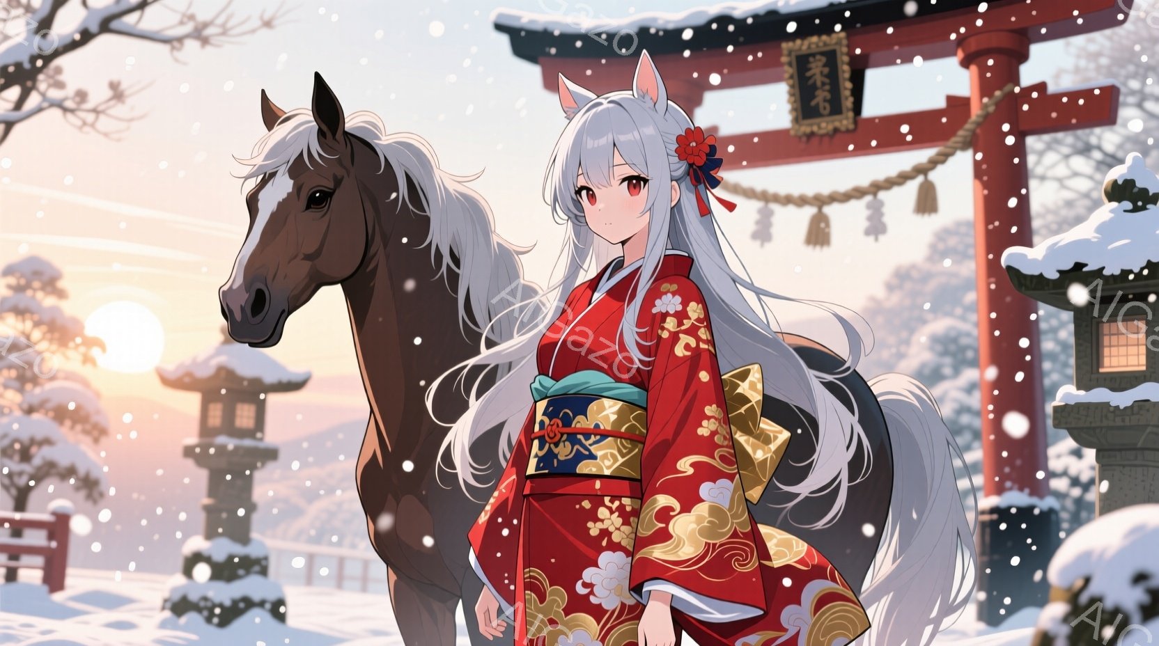 白髪の長い女性が赤い着物を着て、茶色の馬の隣に立っている。着物には金色の牡丹の模様が描かれており、髪には赤い花飾りとリボンがつけられている。背景には雪景色の中に鳥居と灯籠があり、穏やかで幻想的な雰囲気を醸し出している。