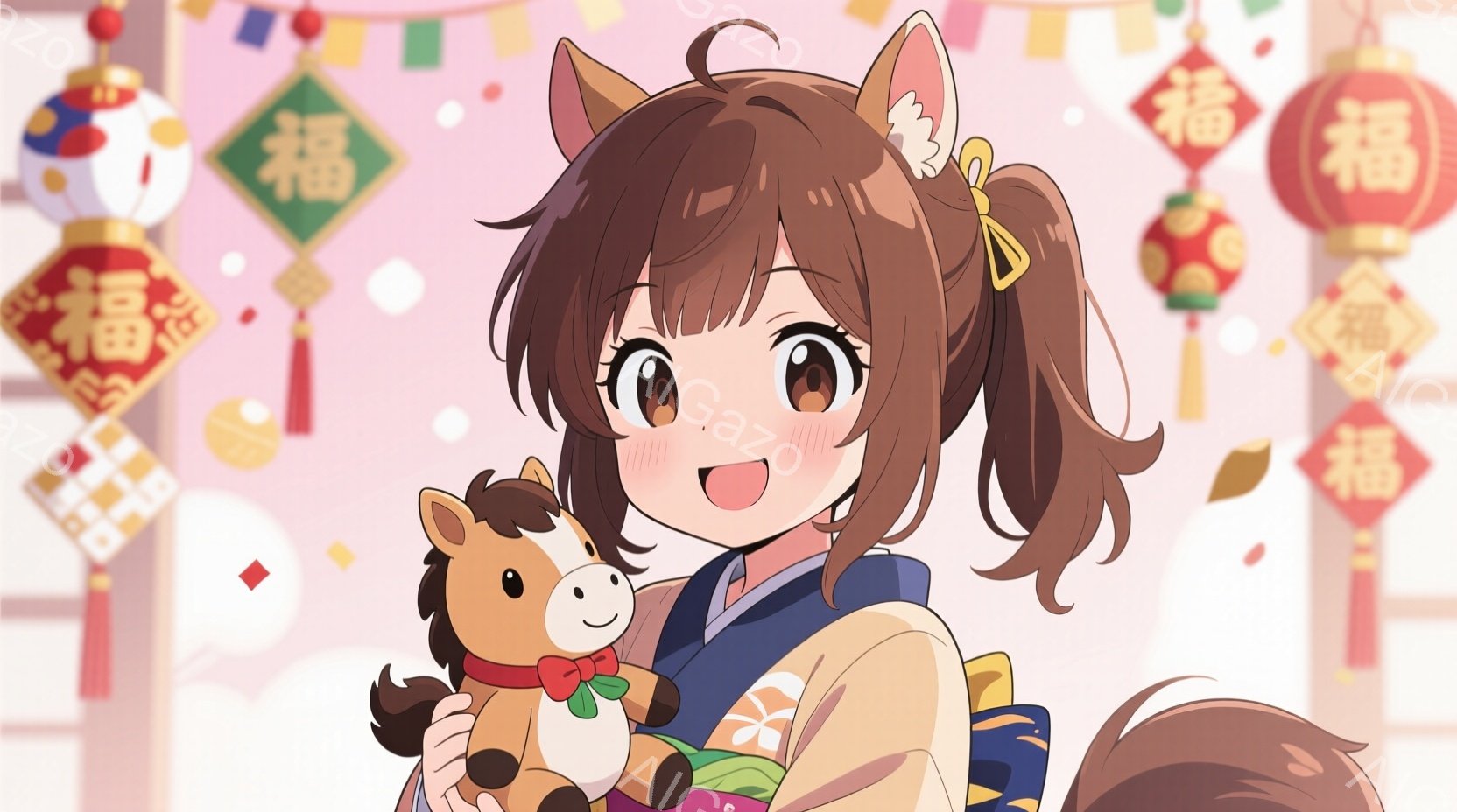 茶色の髪をツインテールにした少女が、小さな馬の人形を抱きしめて微笑んでいます。彼女は紺色の襟と袖のあるクリーム色の着物を着ており、表情は明るく、頬はほんのり赤くなっています。背景には、中国風の提灯や装飾が飾られ、お祝いの雰囲気が漂っています。