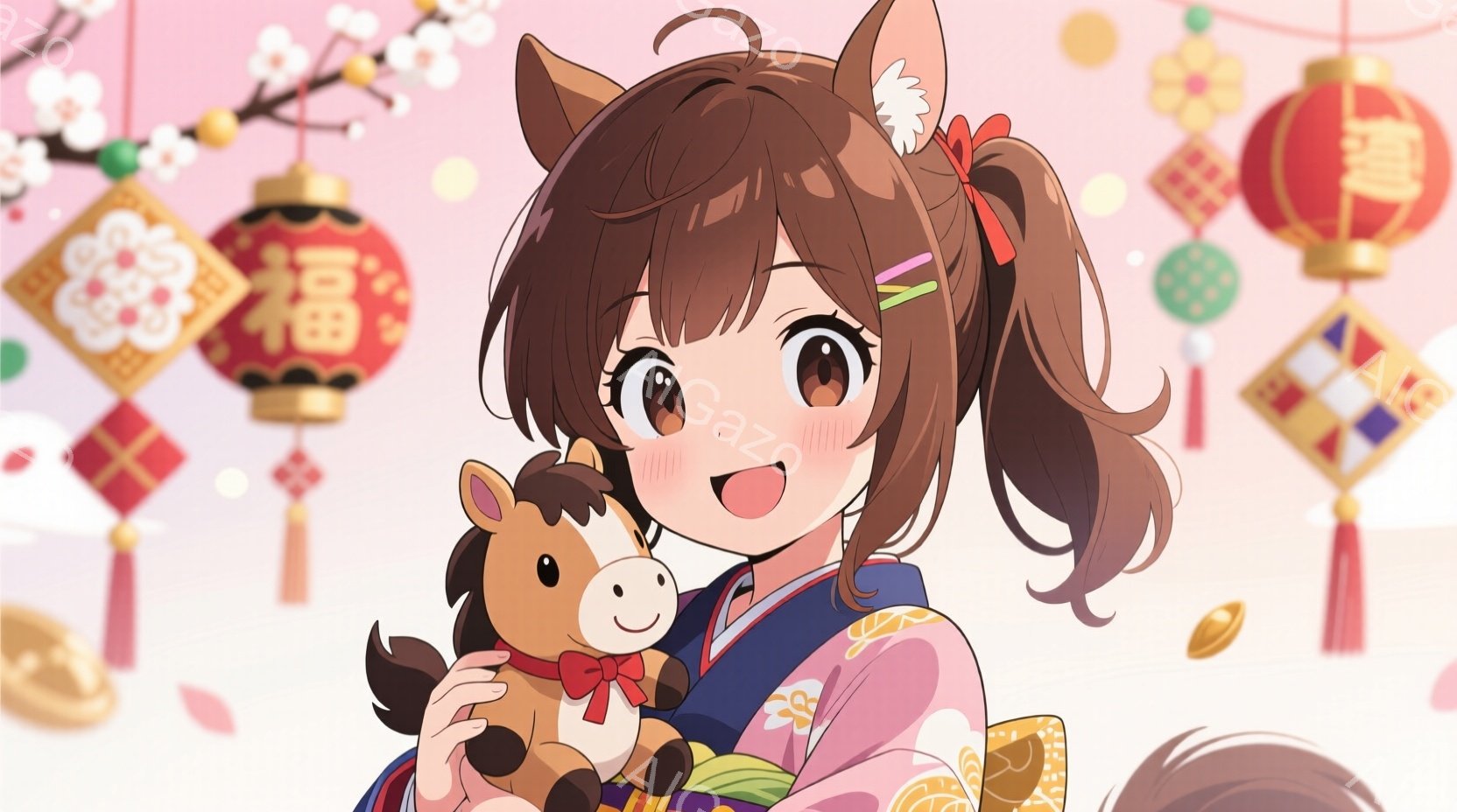 明るい茶色の髪をハーフアップにした少女が、ぬいぐるみのお馬を抱きかかえて微笑んでいます。ピンクと藍色の着物のような衣装を着ており、背景には中国風の提灯や桜の花びらが舞っています。全体的に温かく、お祝い - AI生成フリー素材