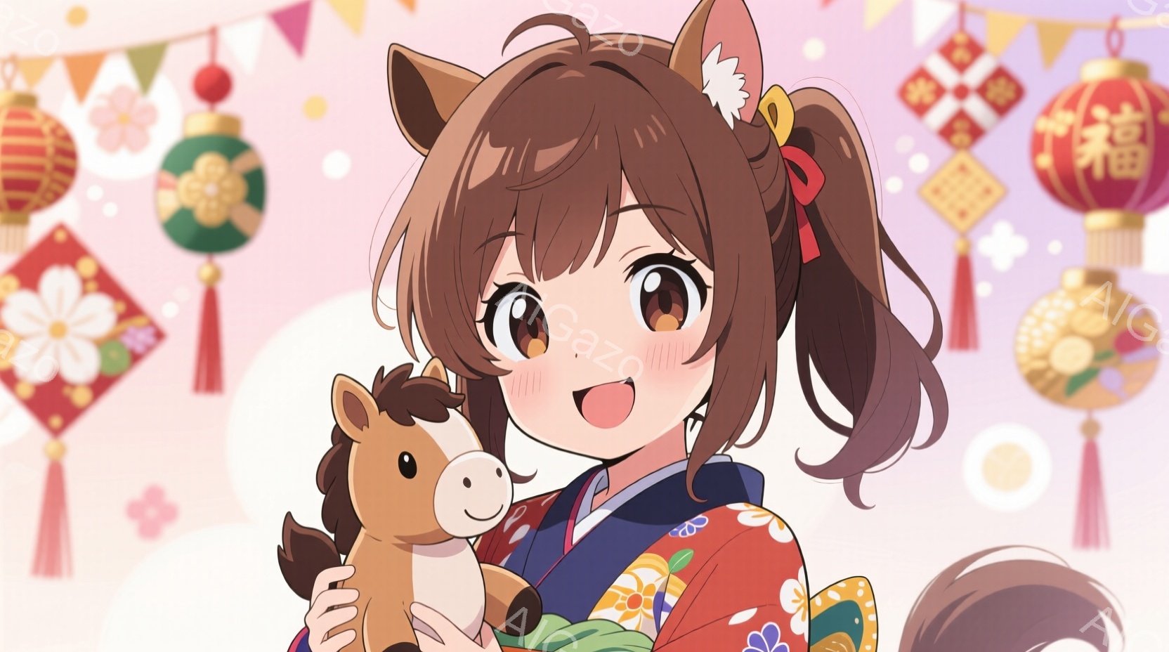 少女は赤い着物に青い帯を締めており、金色の花柄がアクセントになっている。彼女は茶色の髪を後ろでまとめており、前髪は軽くカールしている。明るい笑顔で小さな馬の人形を抱きしめ、幸せそうな表情をしている。