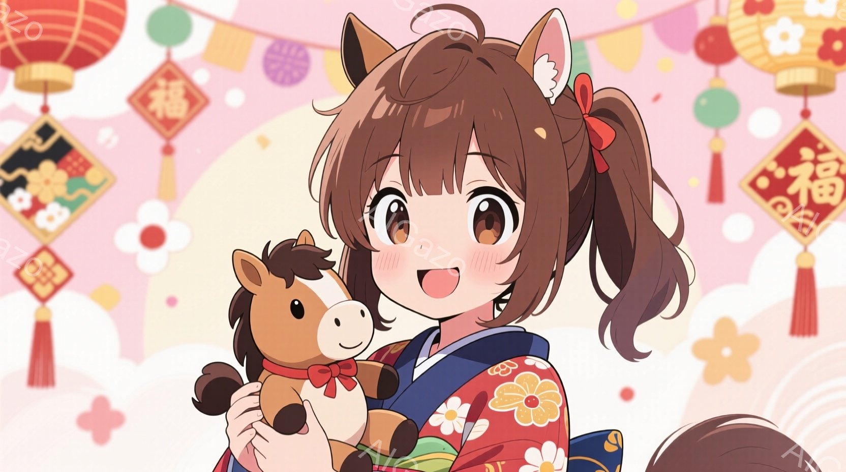 明るい笑顔の少女が、抱きかかえた茶色のぬいぐるみ馬を見つめています。彼女は青い花柄の着物を着ており、茶色の髪は後ろで結ばれ、赤いリボンで飾られています。背景には、赤い提灯や花が描かれており、お祝いの雰 - AI生成フリー素材