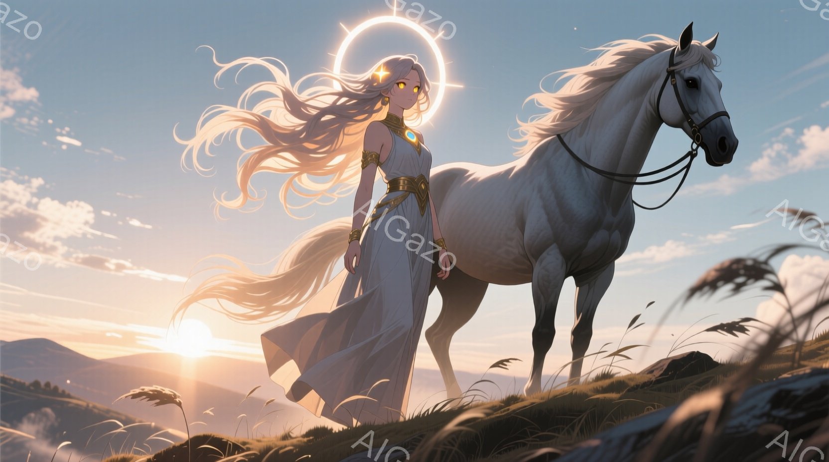 金色の髪を長く伸ばした女性が、白馬と共に丘の上を歩いている。白い流れるようなドレスを身につけ、金色の装飾が施されており、どこか神秘的な雰囲気を漂わせている。背景には山々が広がり、夕焼けの光が空と大地を - AI生成フリー素材