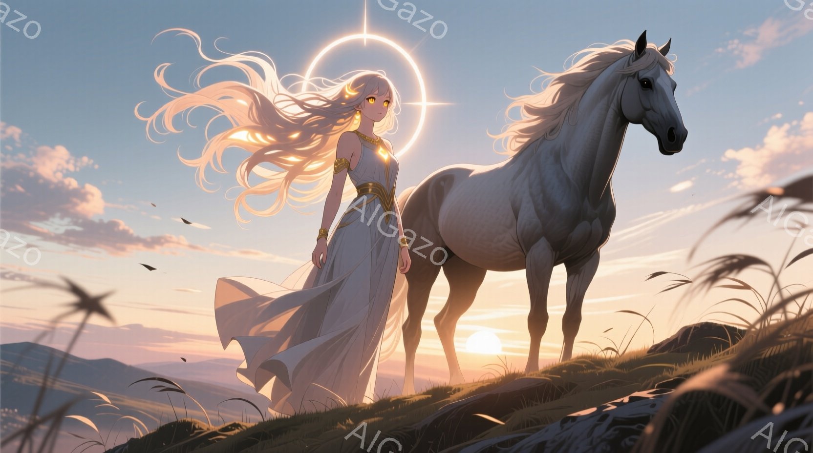 金色の長い髪を風になびかせた女性が、白く輝く馬の隣に立っている。彼女は白いドレスを身につけ、穏やかな表情で遠くを見つめている。背景には、夕焼けに照らされた山々と穏やかな海が広がり、空には太陽の光が差し - AI生成フリー素材