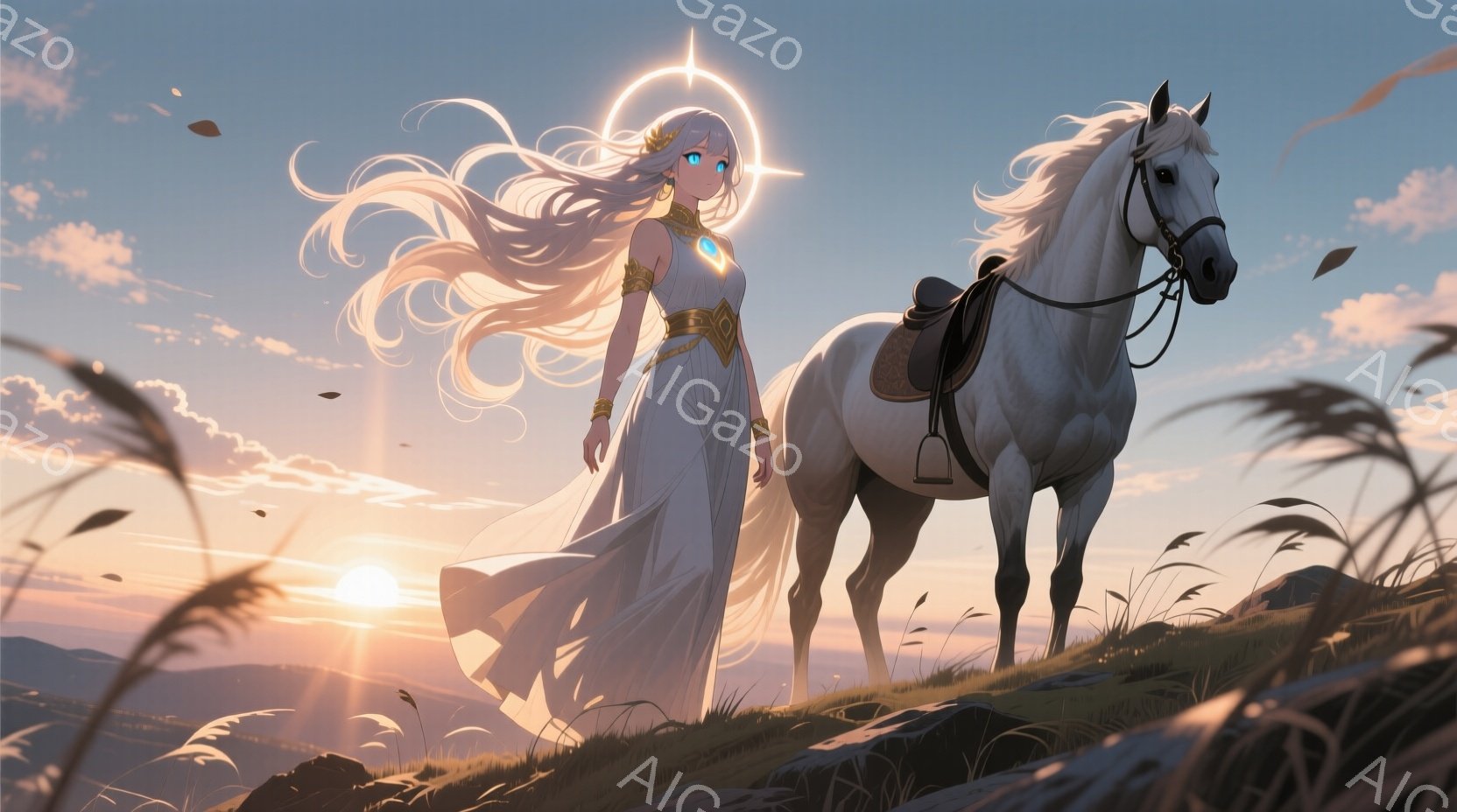 白髪の長い髪をなびかせ、白く輝くドレスを身につけた女性が、白馬と共に丘の上に立っている。背景には夕焼け空が広がり、草木が風に揺れ、神聖で幻想的な雰囲気を醸し出している。女性はどこか憂いを帯びた表情で遠くを見つめ、馬は静かに立ち、二人は互いに寄り添っているように見える。