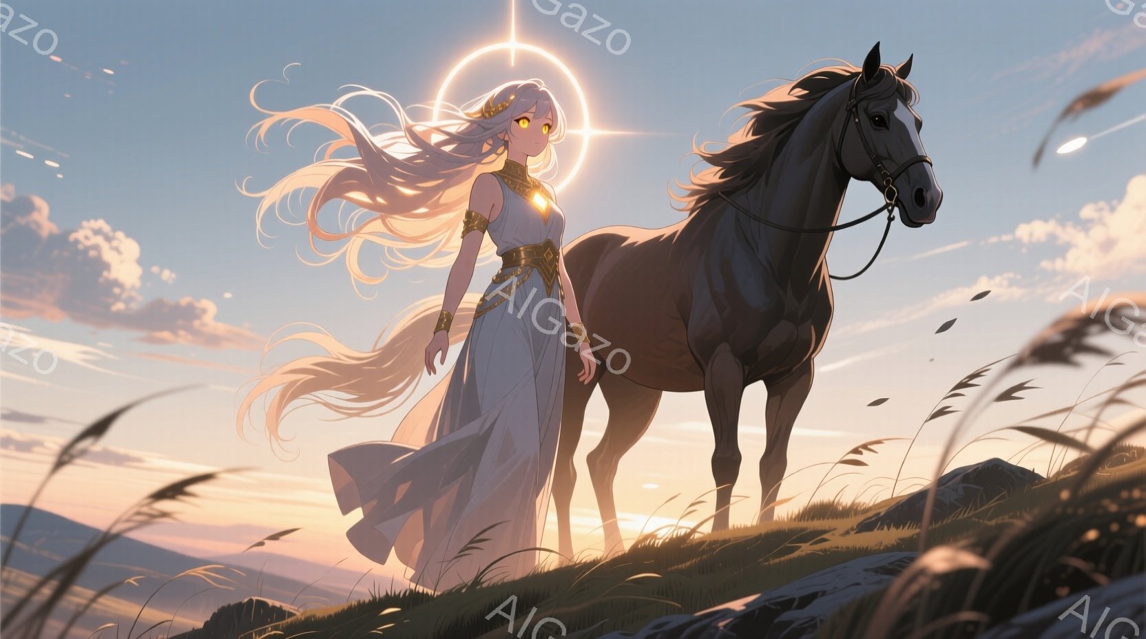 長い白髪をなびかせた女性が、白いドレスを身につけ、金色に輝く装飾を身につけている。彼女は丘の上に立っており、傍らには茶色の馬が優雅に佇んでいる。背景には穏やかな夕焼け空と緑の草原が広がり、神聖で幻想的な雰囲気を醸し出している。