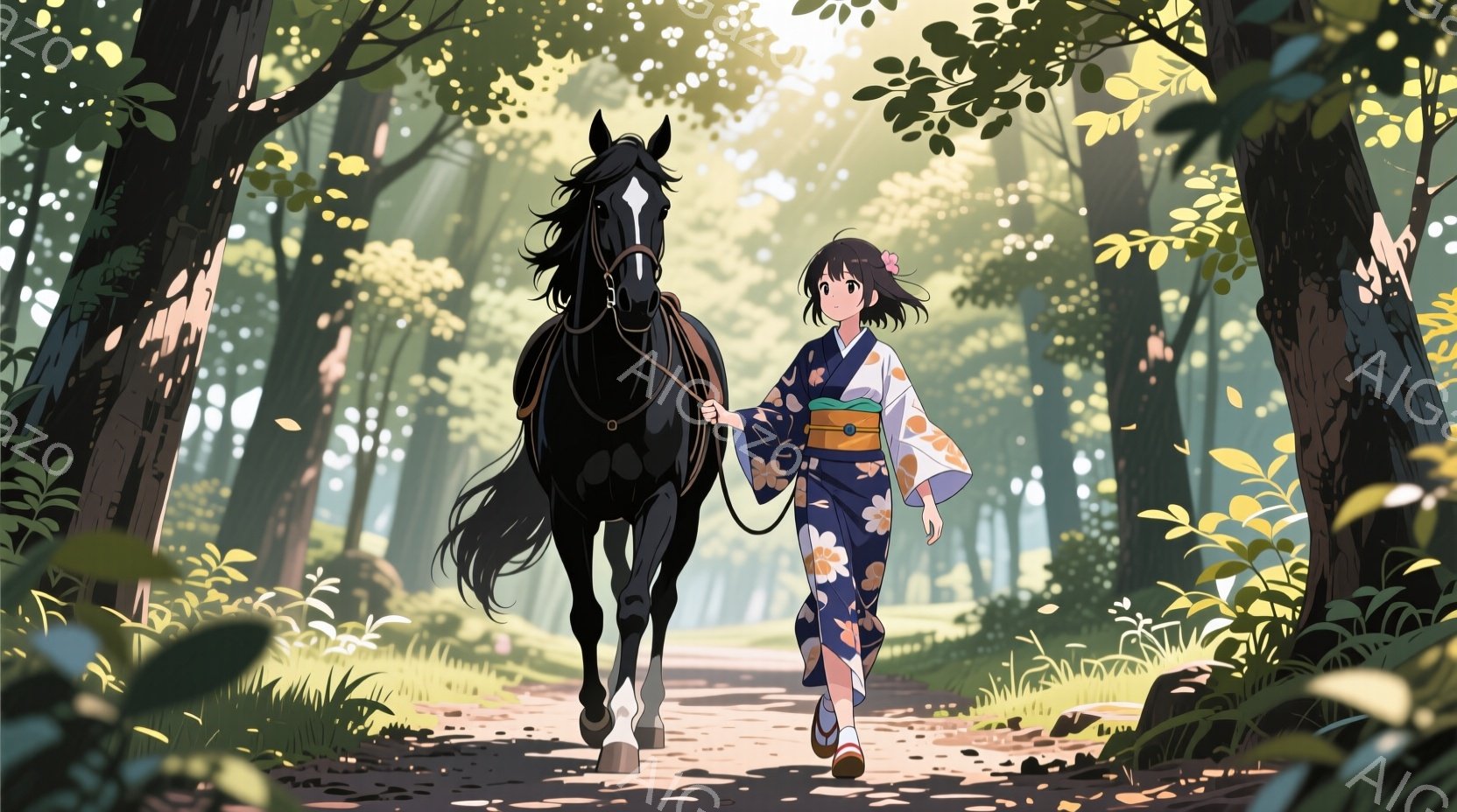 若い女性が黒い馬を引いて森の小道を歩いている。彼女は鮮やかな藍色と金色の模様の着物を着ており、茶色の髪は後ろで緩くまとめられている。背景は緑豊かな木々と明るい光が差し込む森で、穏やかで牧歌的な雰囲気が漂っている。