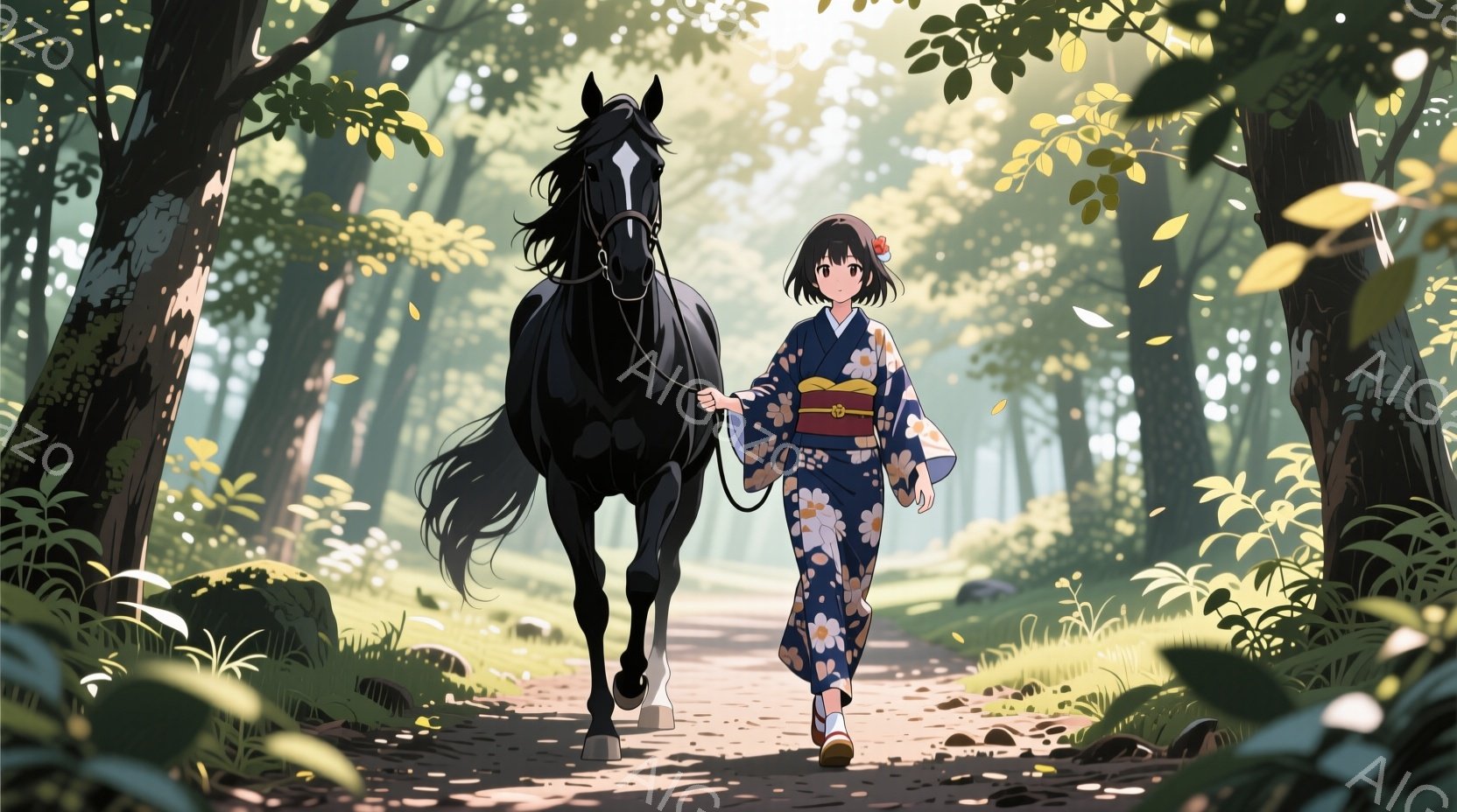 少女は青い地に黄色い花柄の着物を着て、道を歩いている。彼女は黒髪を後ろで一つにまとめ、穏やかな表情をしている。背景は緑豊かな森で、太陽の光が木々の間から差し込み、暖かく柔らかな雰囲気を醸し出している。