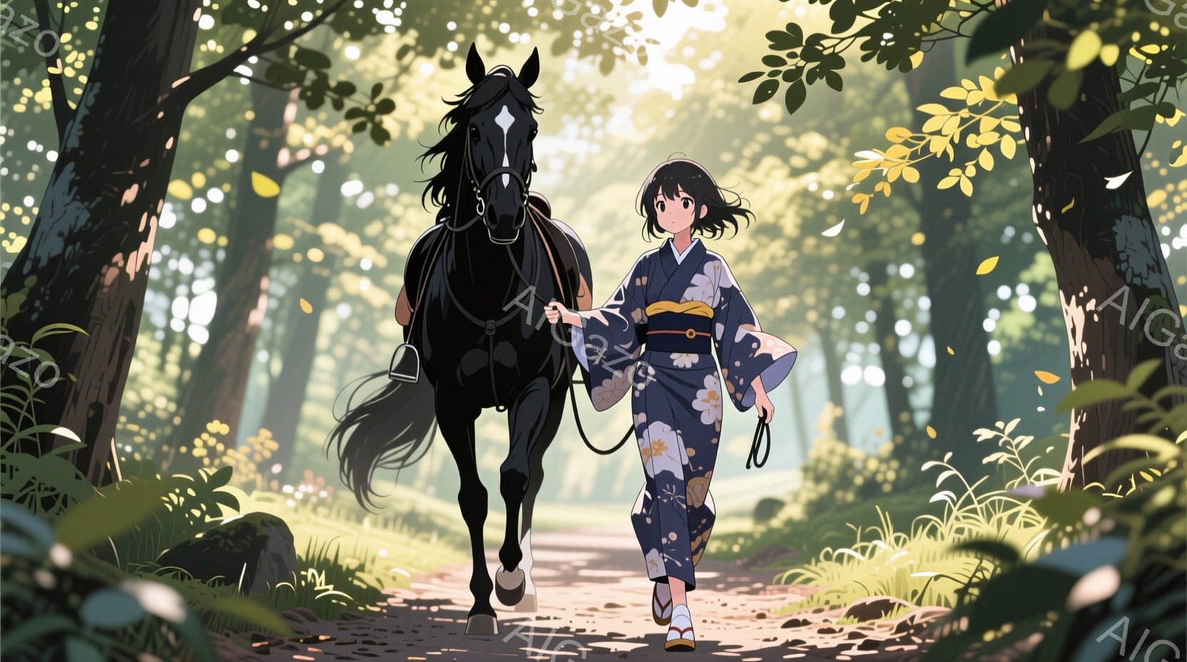 少女は紺色の花柄の着物を着て、草履を履き、黒い馬を引いて森の中の道を歩いている。彼女は黒髪で、少し微笑んだ表情をしている。背景は緑豊かな木々が生い茂る森で、太陽の光が木漏れ日となって差し込み、穏やかで平和な雰囲気を醸し出している。