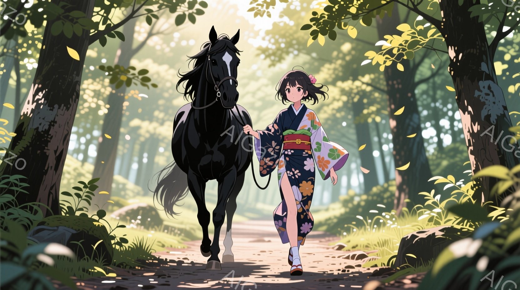 一人の若い女性が黒い馬を引いて土道を進んでいます。彼女は緑と青の鮮やかな模様が描かれた着物を着ており、黒髪を後ろで一つに結んでいます。背景は緑豊かな木々が生い茂る道で、光が差し込み、穏やかで平和な雰囲 - AI生成フリー素材