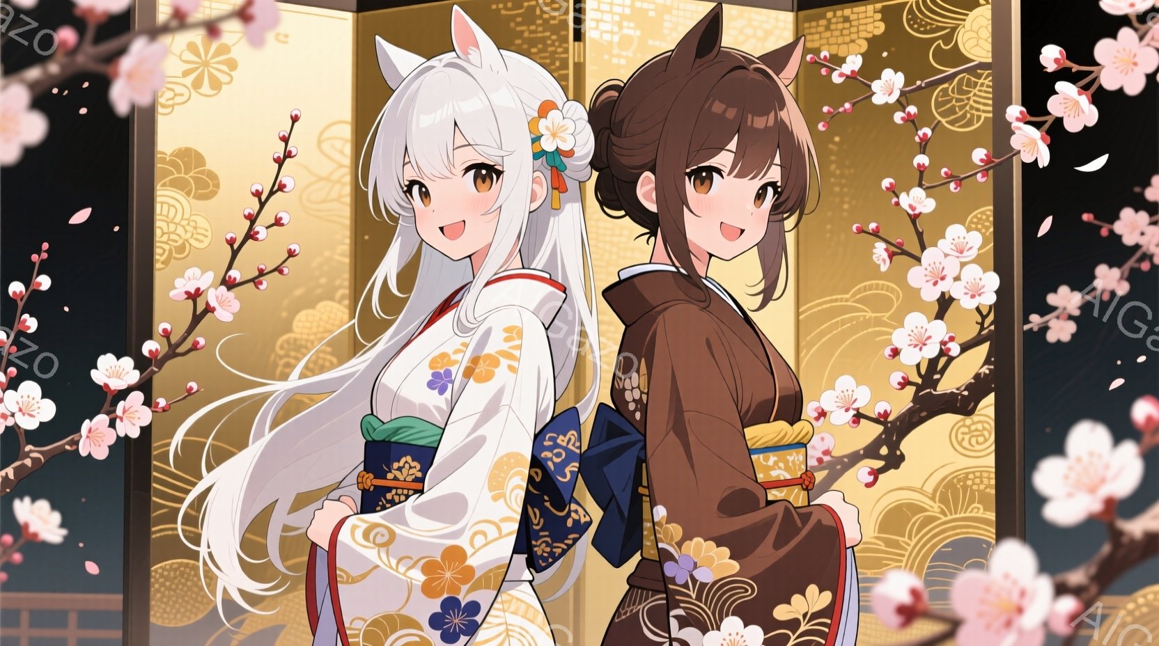 白髪の少女と茶髪の少女が並んで立っており、それぞれ着物を着ています。白髪の少女は明るいベージュ色の着物に水色の帯、茶髪の少女は濃い茶色の着物と金色の帯を身に着けており、どちらも髪に花飾りをつけています。背景には、桜の花が咲き誇る木々があり、金色の和風の模様が施された壁が桜の美しさを引き立てています。