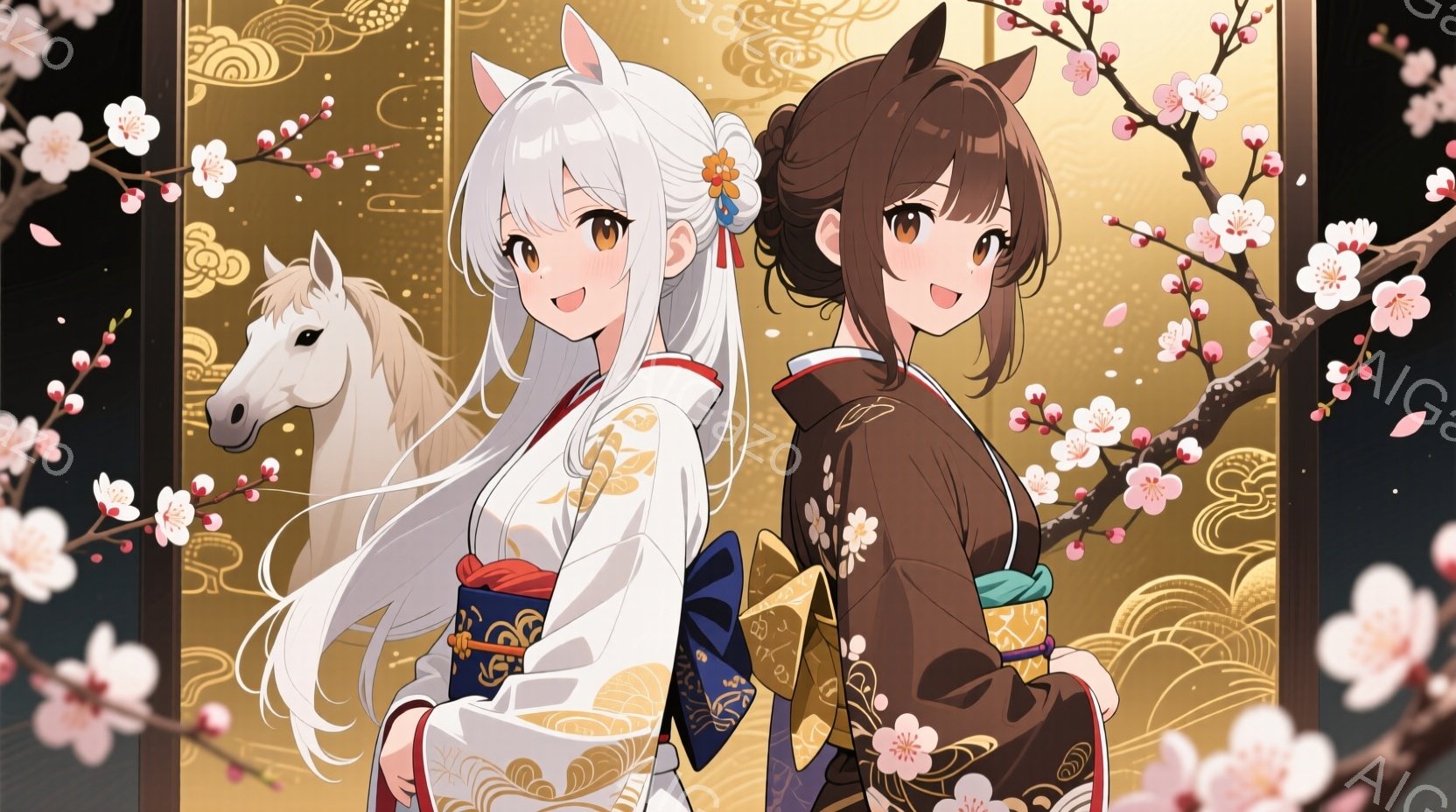 白髪の長い女性と茶髪の女性が並んで立っており、それぞれ着物を着ています。白髪の女性はクリーム色の着物と赤い帯、華やかな髪飾りをつけ、穏やかな笑顔を浮かべています。背景には金色の装飾と馬の絵、そして桜の花が咲き誇り、全体として上品で華やかな春の雰囲気を醸し出しています。