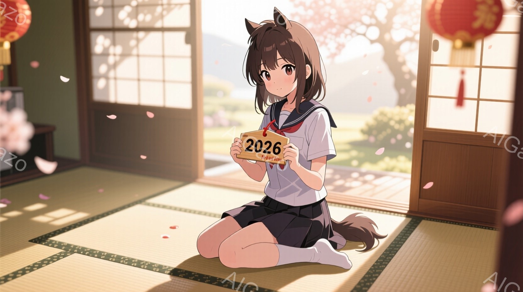 膝をついて座っている茶色の髪の少女が描かれています。彼女はセーラー服を着ており、片手に「2026」と書かれた木製のプレートを持っています。畳の部屋に座っており、背景には障子と、桜の花びらが舞う風景が見え、暖かく柔らかな雰囲気を醸し出しています。