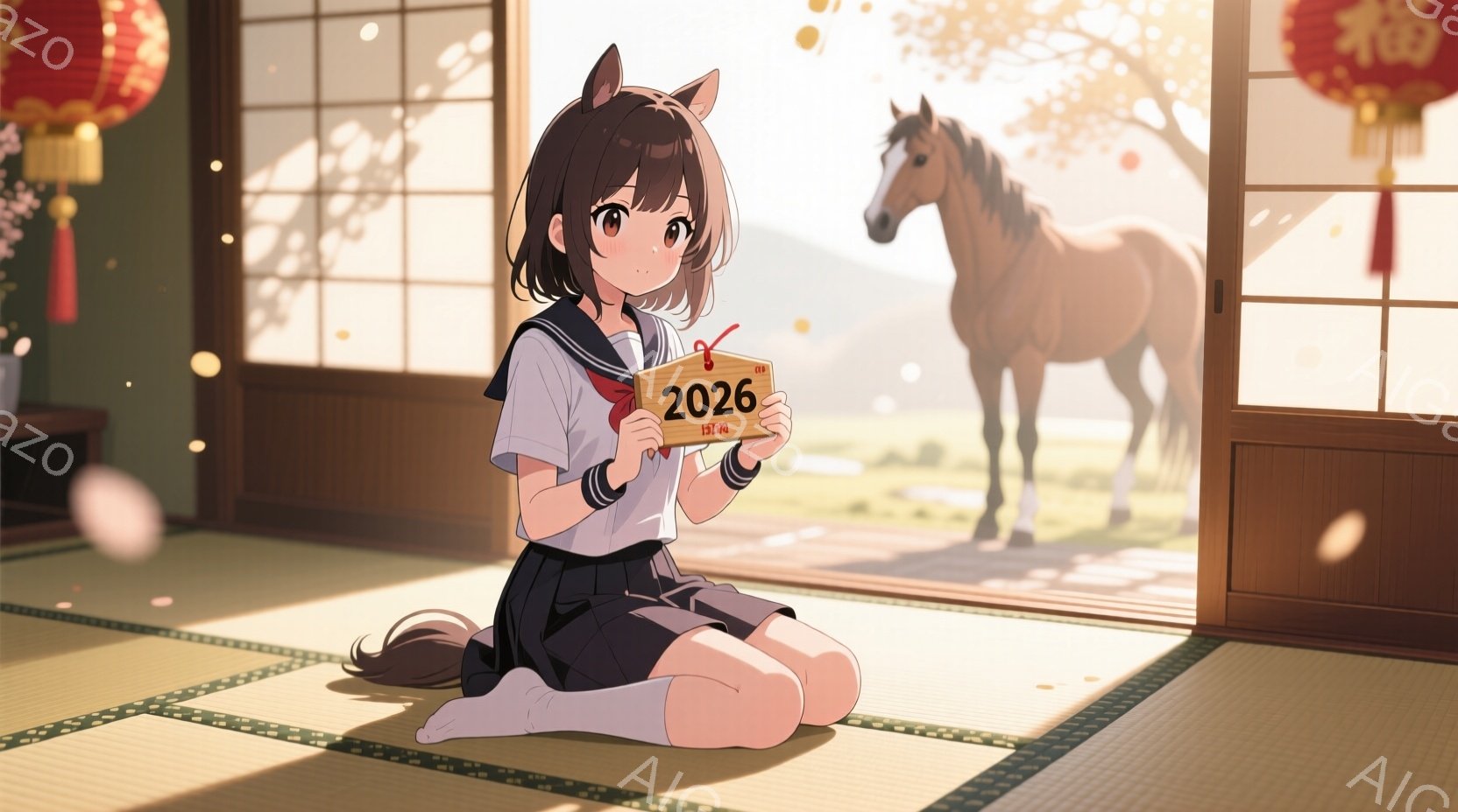 膝をついて座っている若い女性が描かれています。彼女はセーラー服を着ており、茶色の髪を肩のあたりで切り揃えています。彼女は「2024」と書かれた小さな板を持っており、背景には日本の伝統的な家屋と、夕焼けの中で牧草地にいる馬が見えます。