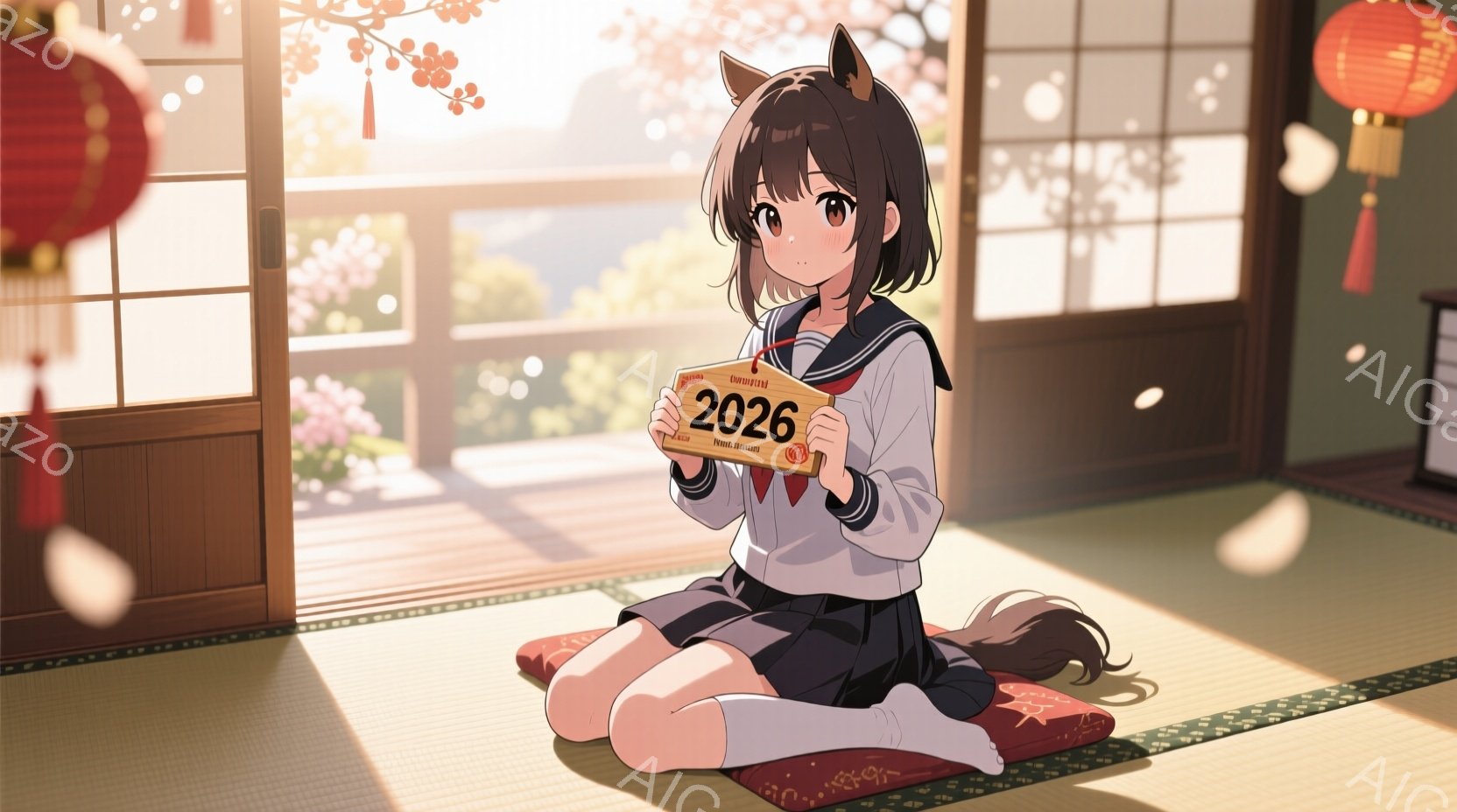 茶色の髪の少女が畳の上に座り、学校の制服を着ています。彼女は膝を抱え、微笑みながら「2024」と書かれた板を持っています。背景には、桜の木が見える障子窓があり、部屋全体が暖かく穏やかな雰囲気です。