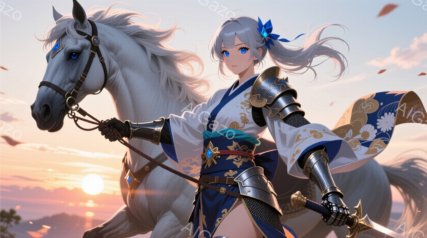 白い馬に乗った女性が描かれています。彼女は日本の伝統的な衣装に身を包み、肩と腕には金属製の鎧を付けています。背景には夕焼け空と遠くに見える山々が広がっており、全体的に力強く美しい雰囲気を醸し出しています。