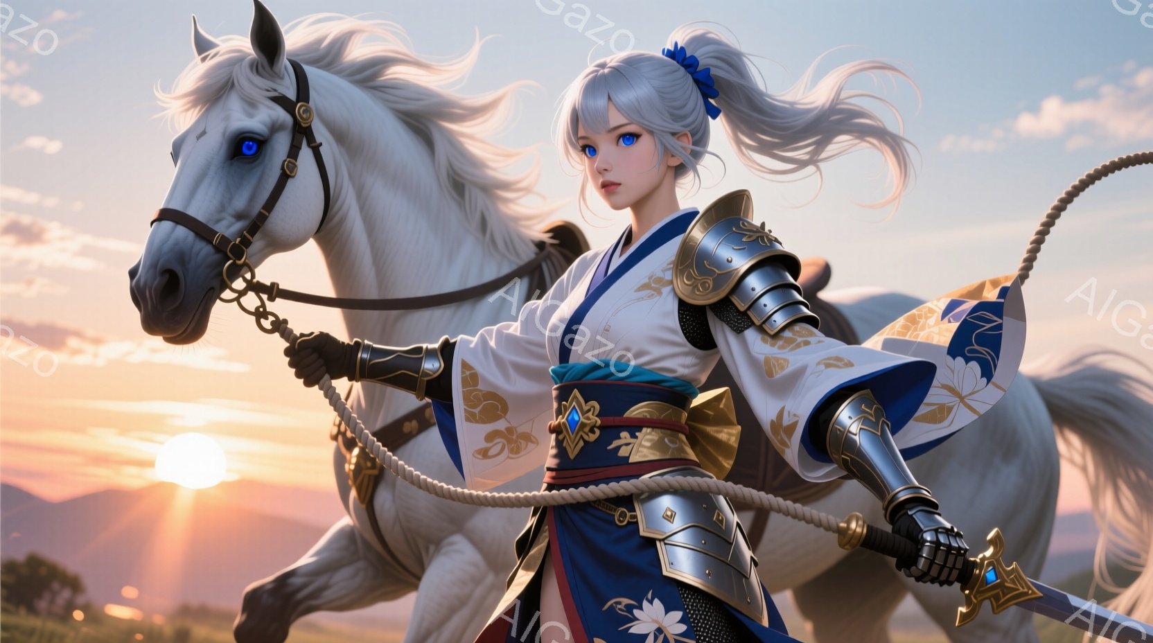 白い馬に跨った女性が描かれています。彼女は、青と白の模様が入った着物と、金色の鎧を身に着けており、黒髪を後ろで結い上げています。背景には、夕焼けに照らされた草原が広がり、力強く美しい雰囲気を醸し出しています。