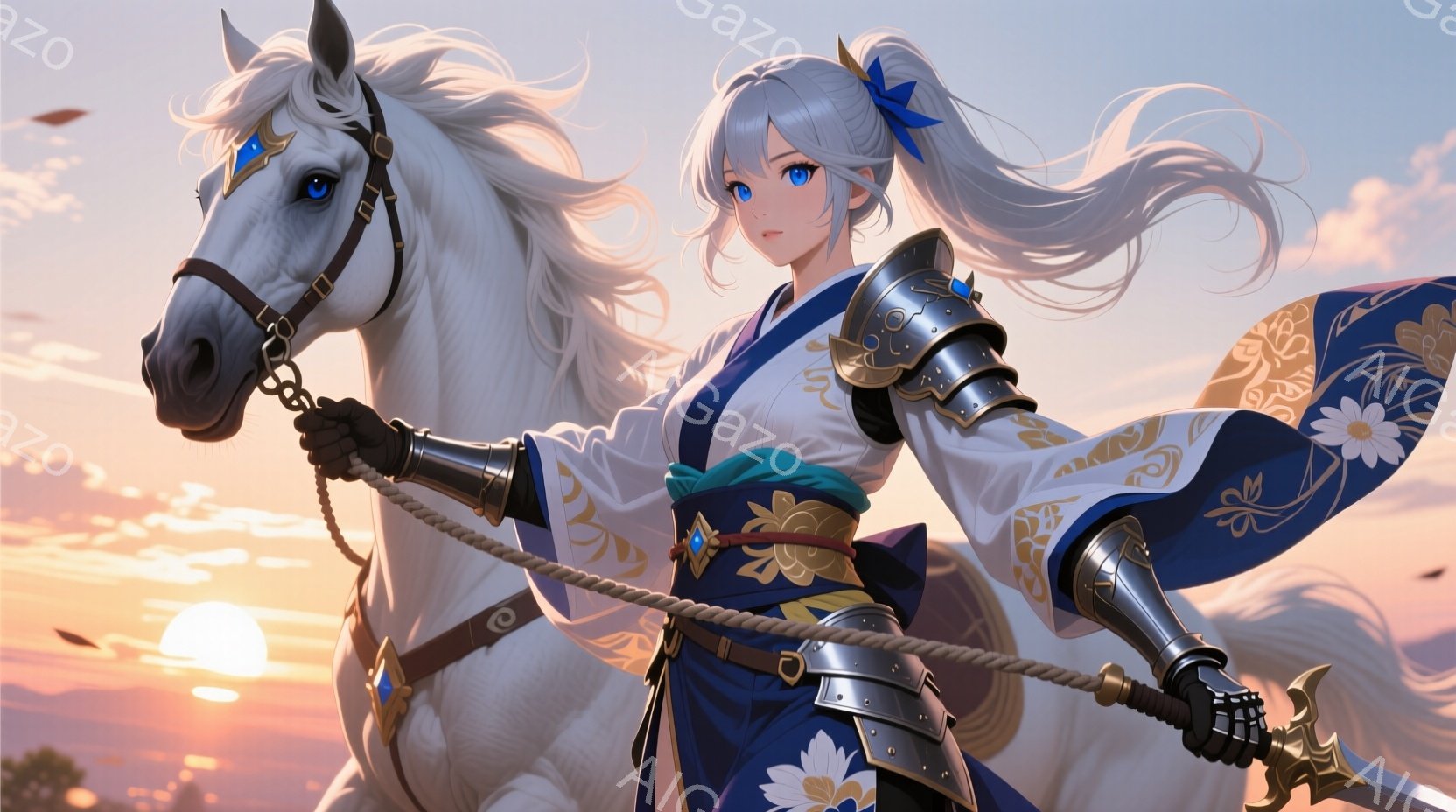 白い馬に乗った女性が描かれています。彼女は、青と白の美しい着物と、金色の装飾が施された鎧を身に着けており、長い銀髪を後ろで結んでいます。夕焼けの空を背景に、凛とした表情で手綱を握り、力強く馬を操る姿は、まるで戦場を駆け抜ける武士のようです。
