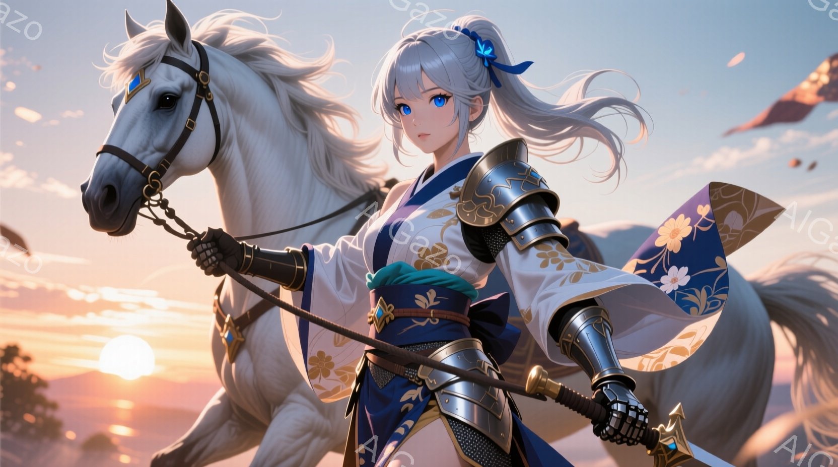 白い馬に跨った女性が描かれています。彼女は、花柄の飾りが施された藍色の着物と、金属製の鎧を身に着け、片手に馬の缰を握っています。背景には、夕焼け空と遠くの山々が広がり、荘厳で幻想的な雰囲気を醸し出しています。