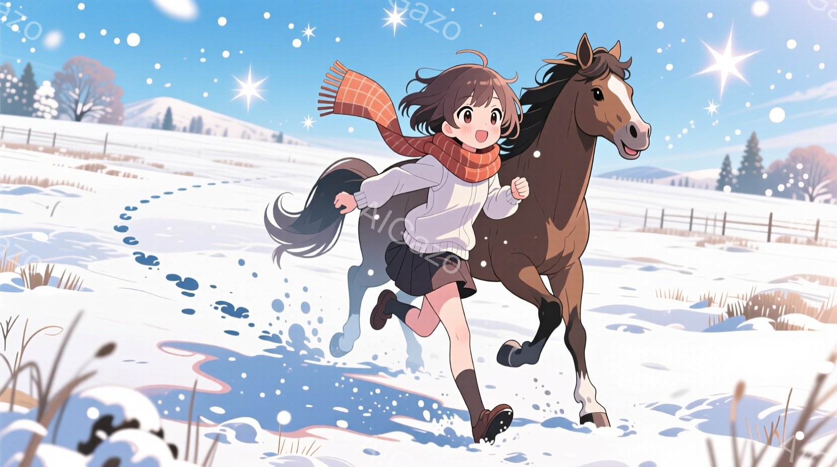 茶色の髪をポニーテールにした少女が、雪原を馬と一緒に走っている。彼女は膝丈のスカートと白いセーター、オレンジ色のマフラーを身につけ、笑顔で楽しそうにしている。背景には、雪に覆われた牧草地と遠くの森林、 - AI生成フリー素材