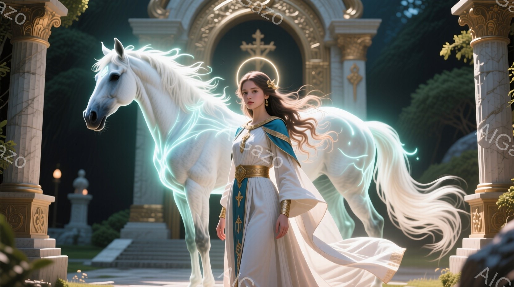 長い黒髪をなびかせ、白いドレスを身につけた女性が、光り輝く白い馬の隣に立っている。背景には彫刻が施されたアーチと緑豊かな庭園が広がり、幻想的で穏やかな雰囲気を醸し出している。女性は少し微笑み、優雅で神秘的な印象を与える。