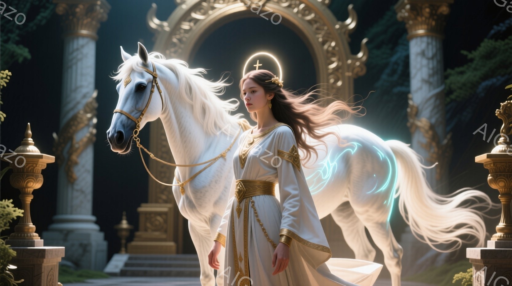 白いドレスを身につけた女性が、光を放つ白い馬の隣に立っている。彼女は長くゆるやかなウェーブのかかった髪を持ち、顔には穏やかな表情が浮かんでいる。背景には、装飾的な柱やアーチ、そして緑豊かな植物が見られ - AI生成フリー素材