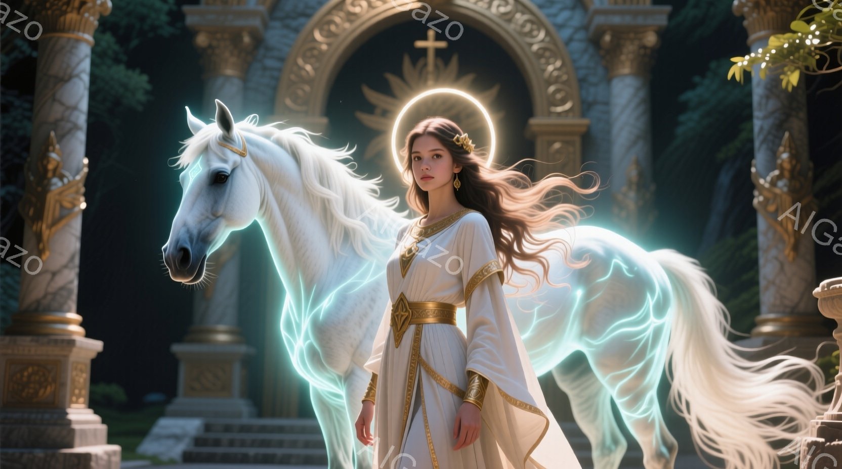 長い茶色の髪をなびかせた女性が、白馬の隣に立っている。彼女は金色の刺繍が施された白いゆったりとしたドレスを着ており、穏やかで神秘的な表情を浮かべている。背景には、装飾的な石造りのアーチがあり、緑豊かな自然に囲まれており、馬と女性の周りには青い光が輝き、神聖で幻想的な雰囲気を醸し出している。
