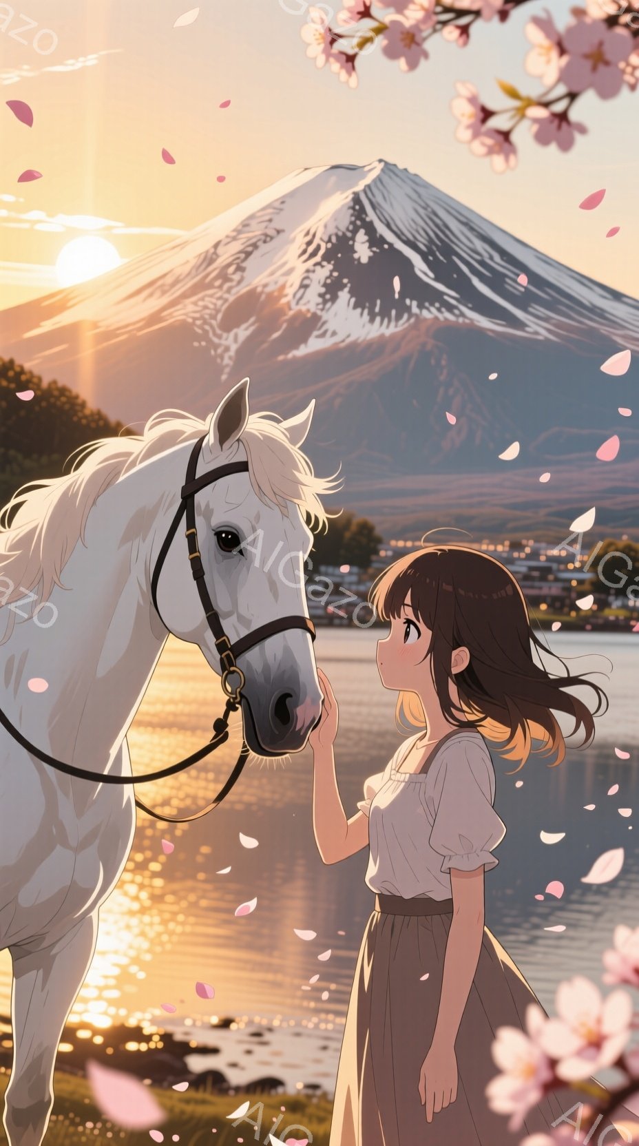 明るい茶色の髪を長く伸ばした少女が、白い馬の鼻先近くに手を伸ばしている。少女はオフホワイトのブラウスと茶色のスカートを着ており、穏やかな微笑みを浮かべている。背景には富士山が夕焼けに照らされ、ピンク色の桜の花びらが舞い散る、穏やかで牧歌的な風景が広がっている。