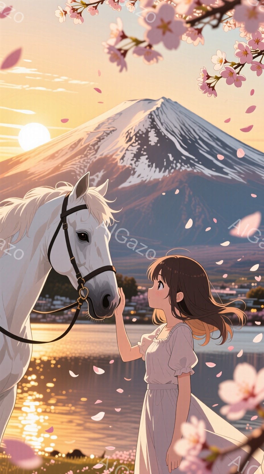 長い茶髪を揺らし、白いワンピースを着た少女が、白い馬にそっと手を伸ばしています。背景には、夕焼けに照らされた富士山と、桜の花びらが舞う穏やかな湖が広がっています。全体的に暖かく、幻想的な雰囲気を醸し出 - AI生成フリー素材
