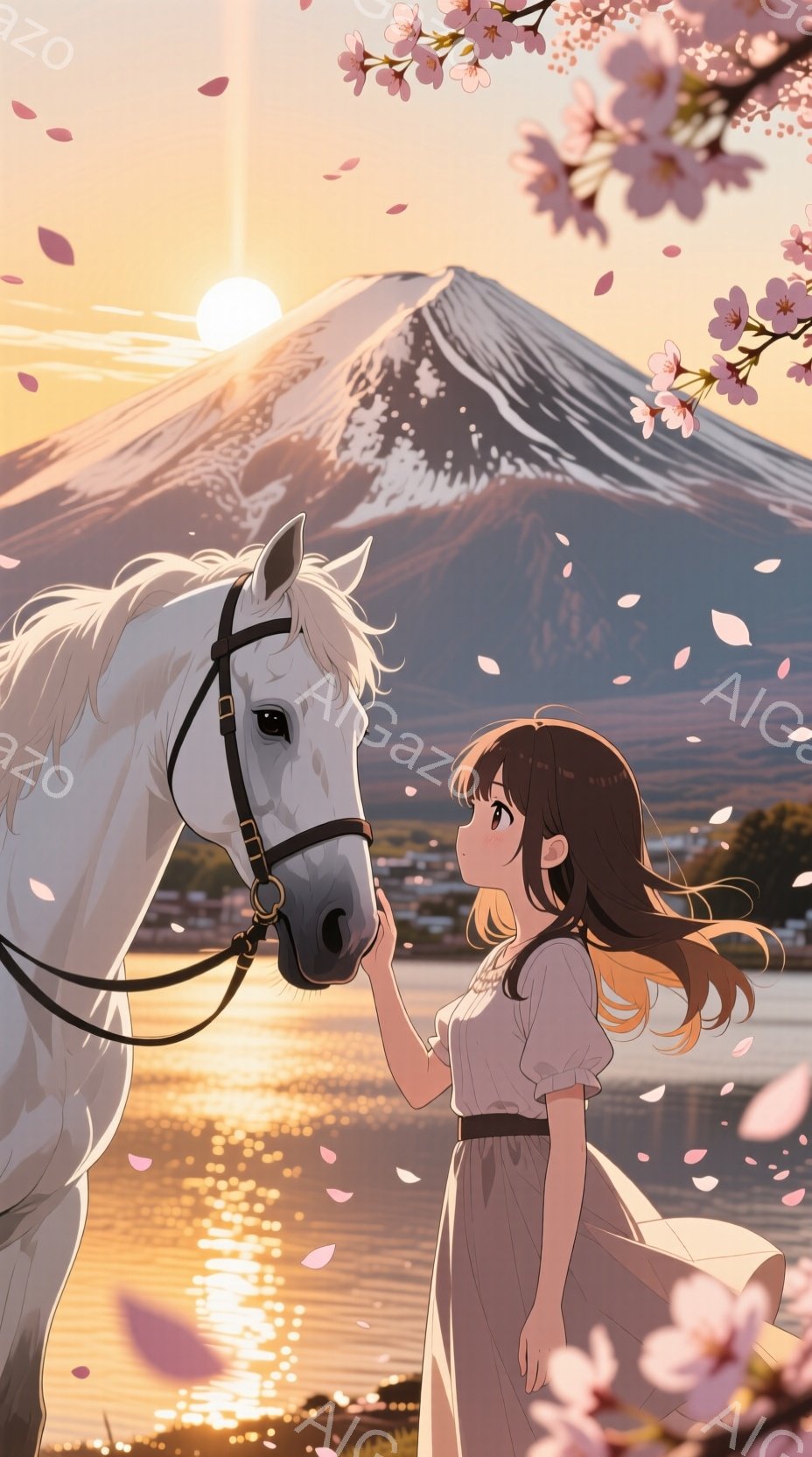 少女は白いワンピースを着て、桜の花びらが舞う中で白い馬と向き合っています。彼女は茶色の長い髪を揺らし、優しい笑顔で馬の鼻に手を伸ばしています。背景には富士山が夕焼けに照らされ、穏やかで幻想的な雰囲気を - AI生成フリー素材