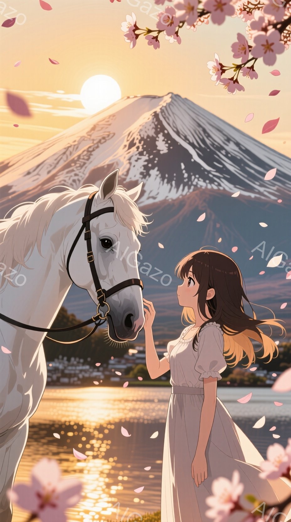 白い馬と少女が夕焼けの富士山を背景に描かれている。少女は白いワンピースを着て、長い茶髪をなびかせ、馬の鼻に優しく触れている。背景には、夕日に照らされた富士山と、桜の花びらが舞い散る穏やかな湖が広がり、 - AI生成フリー素材