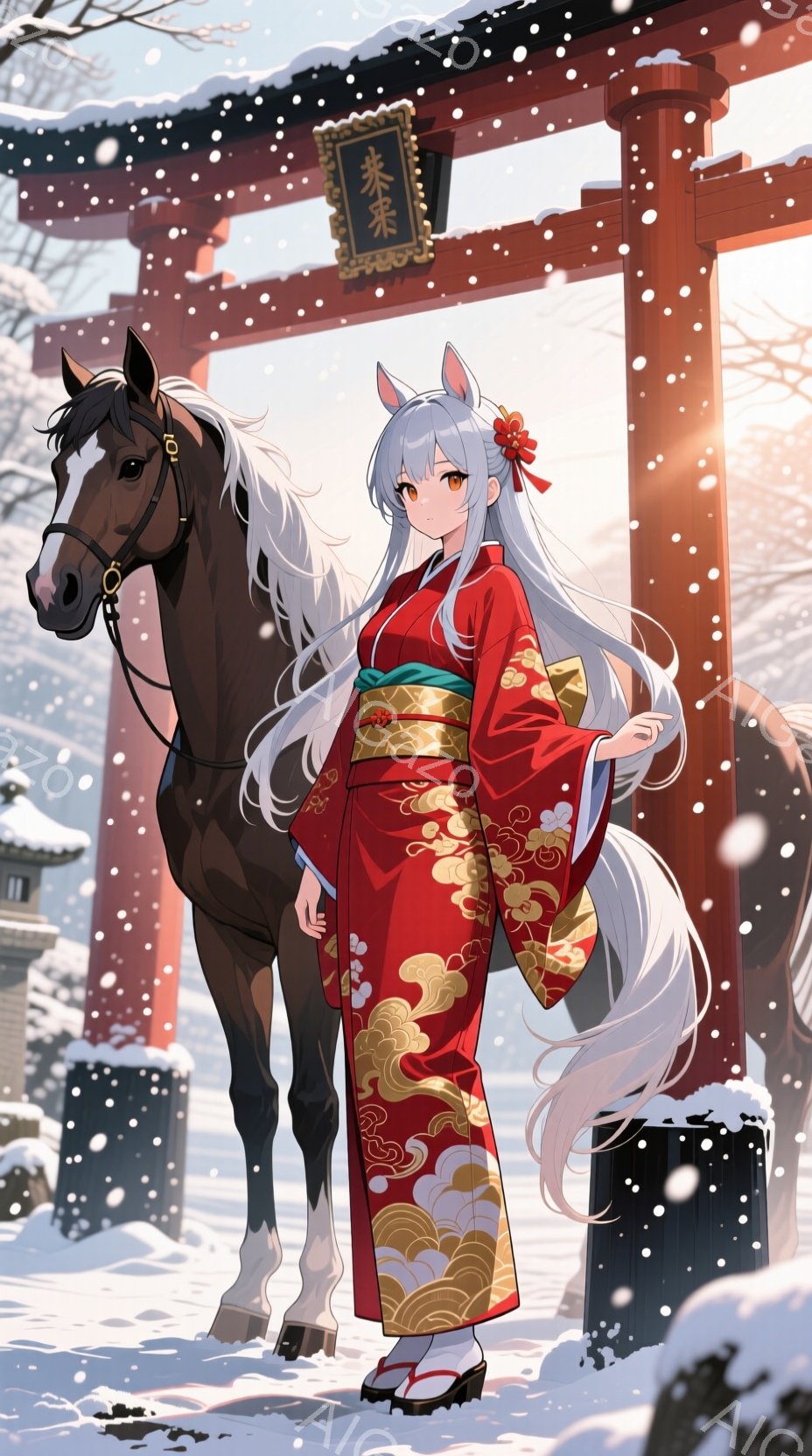 雪景色の中に、赤い着物を着た若い女性が立っている。彼女は長い白髪を後ろでまとめ、鮮やかな赤い着物には金色の波模様が描かれている。背景には雪を頂いた木々と、鳥居があり、冬の静かで厳かな雰囲気を醸し出して - AI生成フリー素材