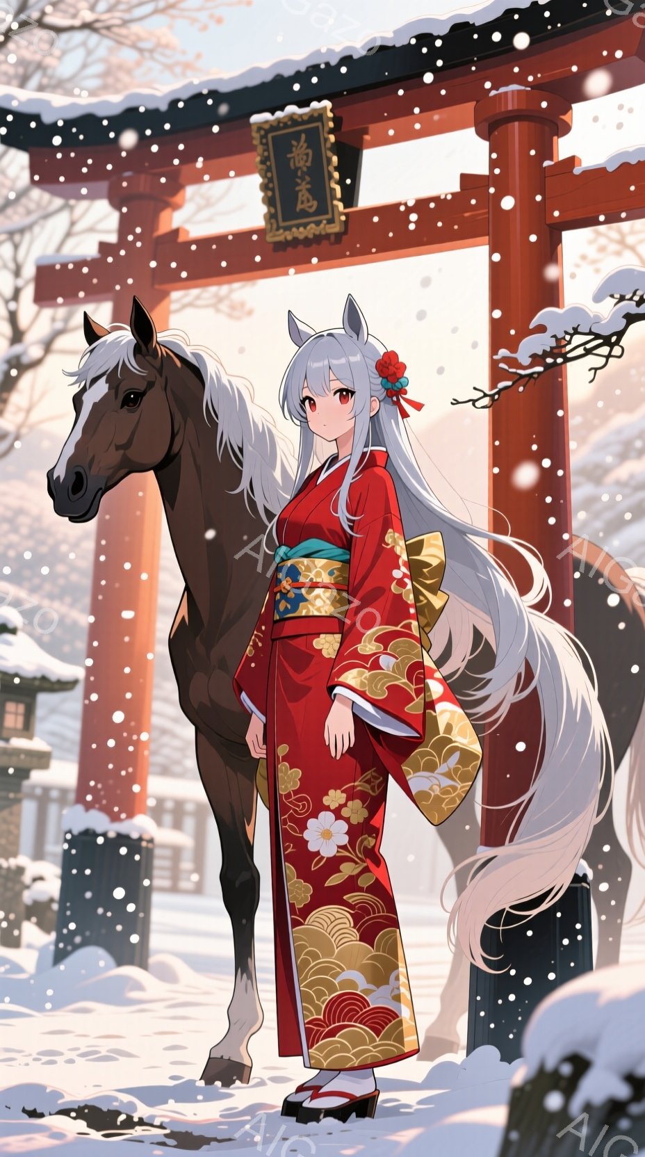 雪景色の中に、鮮やかな赤い着物を着た少女と茶色の馬が並んで立っています。少女は白い髪を後ろでまとめ、金色の髪飾りをつけており、穏やかな表情で正面を見ています。背景には雪を被った建物と鳥居があり、幻想的 - AI生成フリー素材
